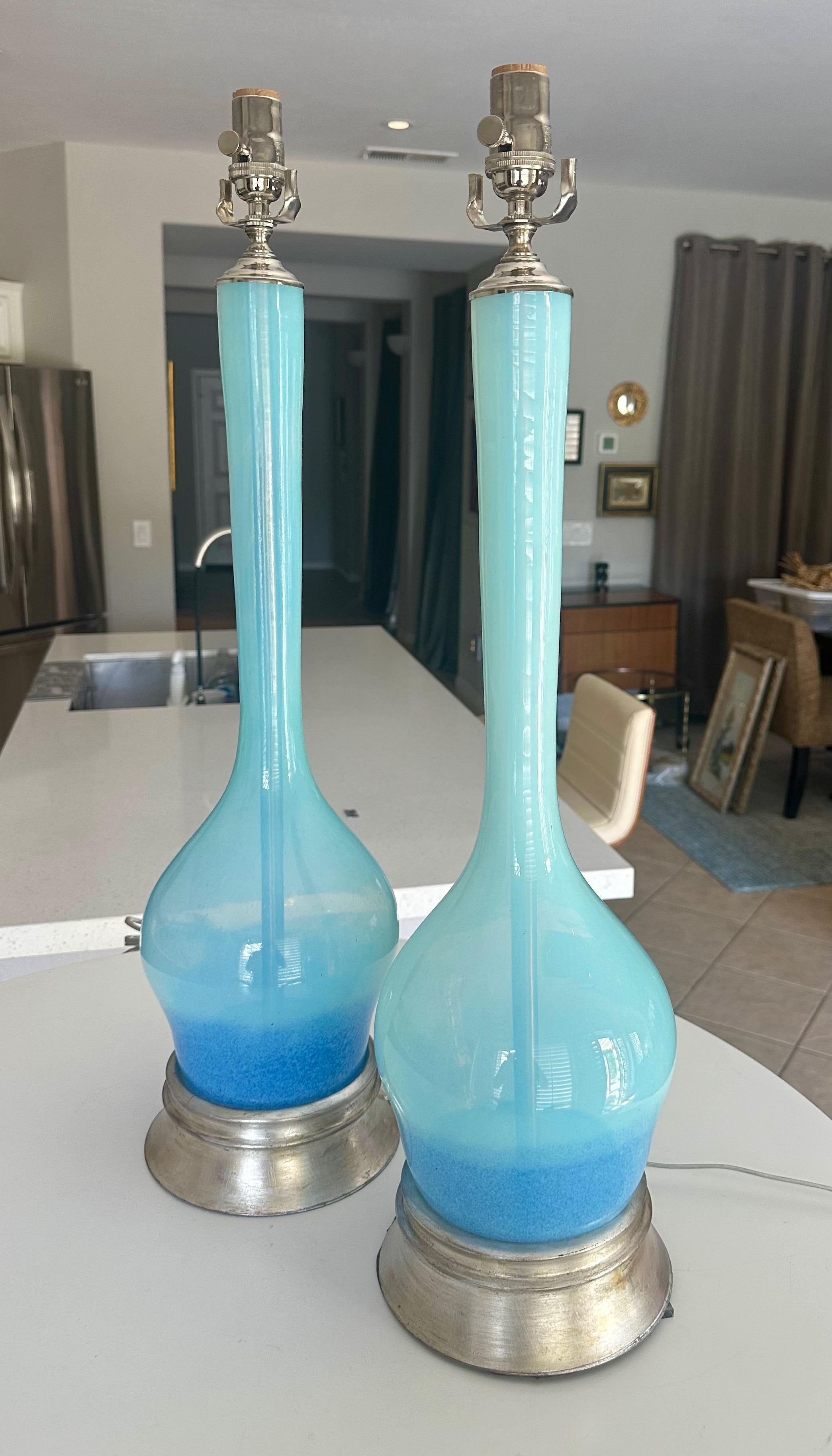 Mid-Century Modern Pair Murano Italian Sky Blue Table Lamp For Sale