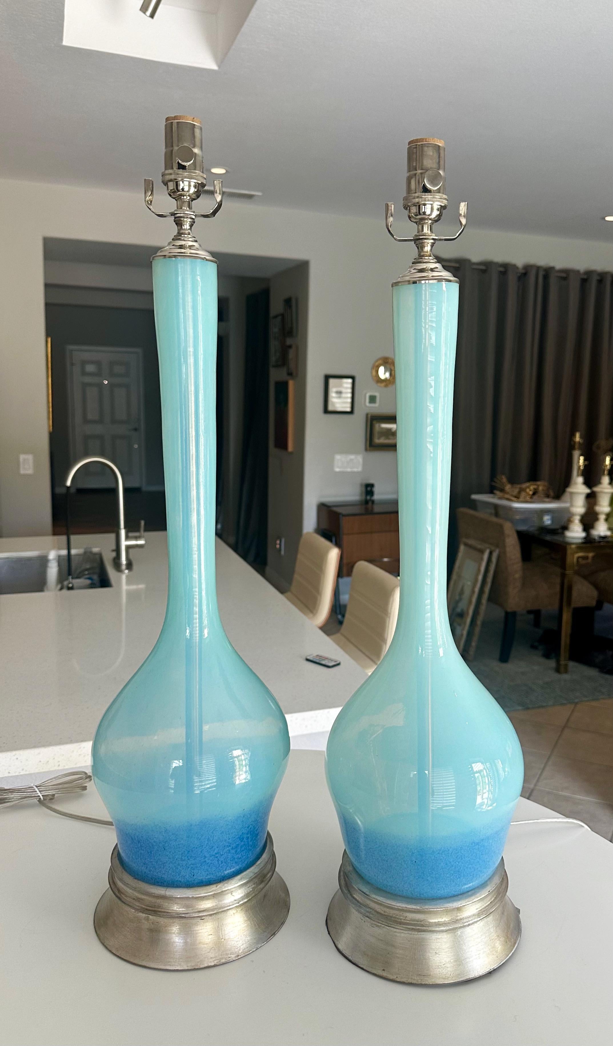 Pair Murano Italian Sky Blue Table Lamp In Good Condition For Sale In Palm Springs, CA
