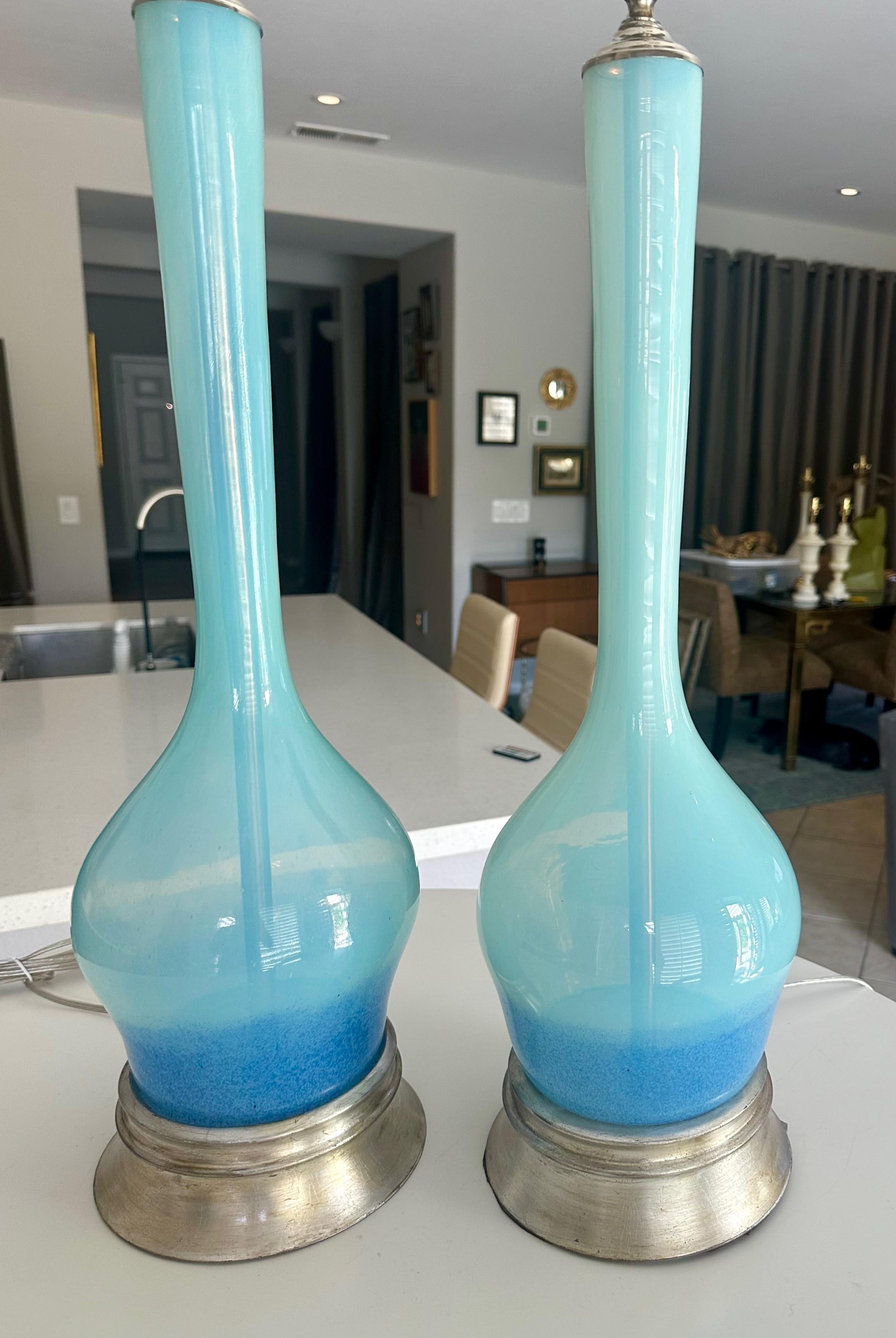 Mid-20th Century Pair Murano Italian Sky Blue Table Lamp For Sale