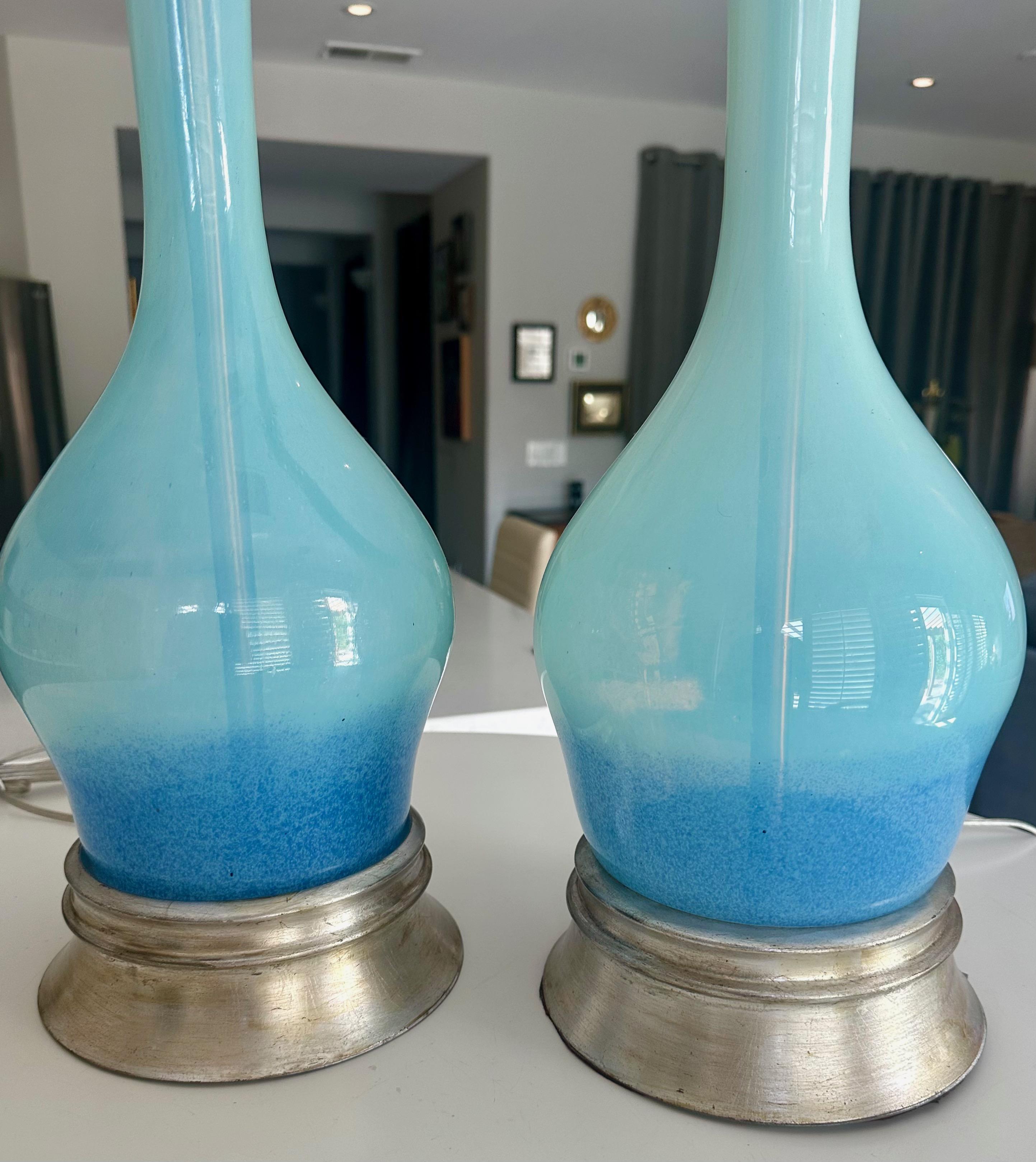 Metal Pair Murano Italian Sky Blue Table Lamp For Sale