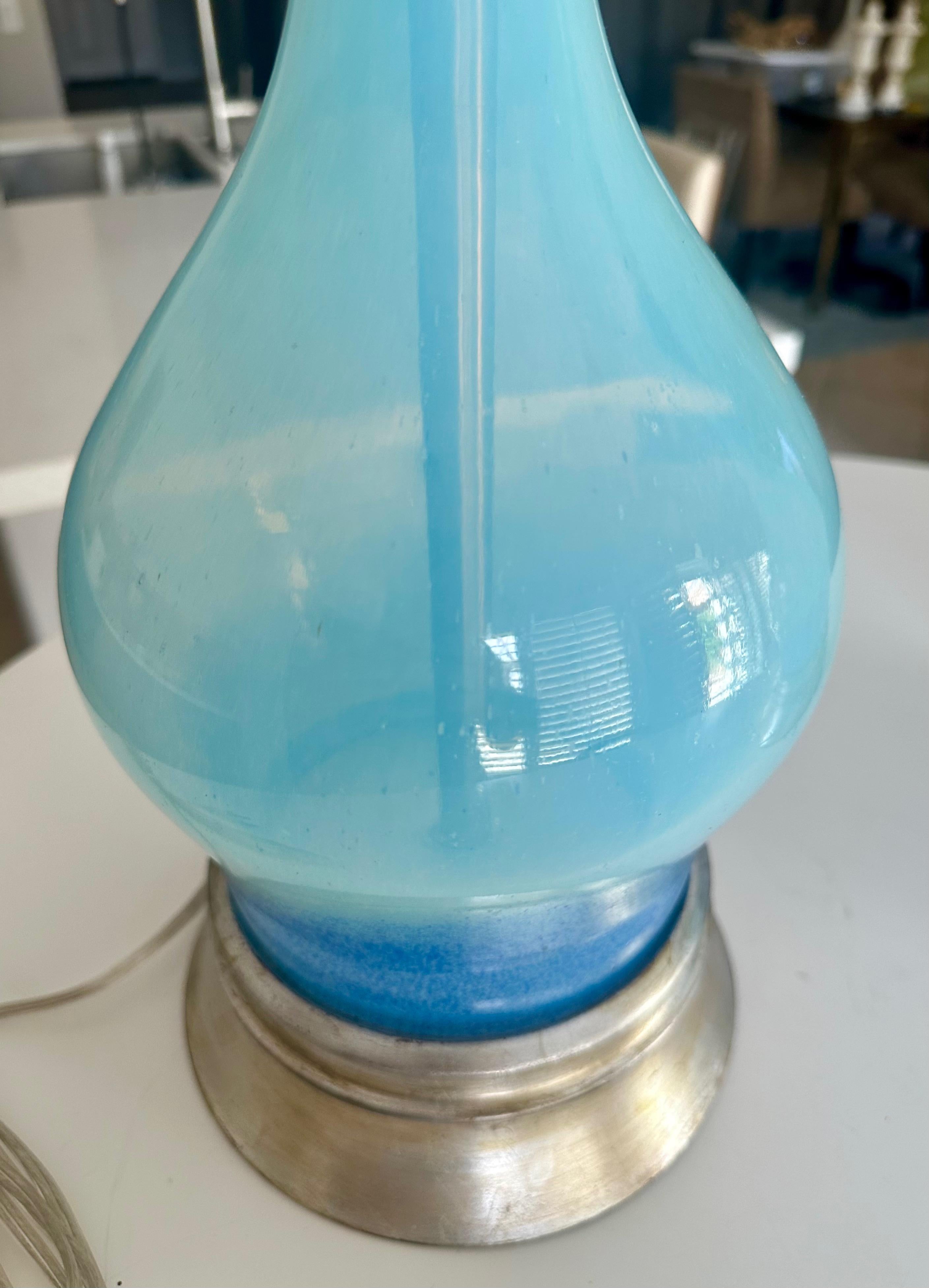 Pair Murano Italian Sky Blue Table Lamp For Sale 3