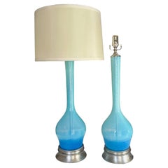 Pair Murano Italian Sky Blue Table Lamp