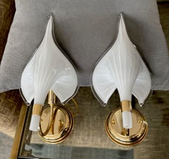Pair Murano Italian White Calla Lily Glass Wall Sconces
