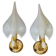 Pair Murano Italian White Calla Lily Glass Wall Sconces