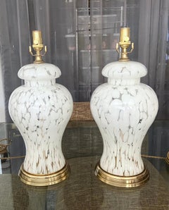 Pair Murano Mazzega Splatter White & Clear Table Lamps