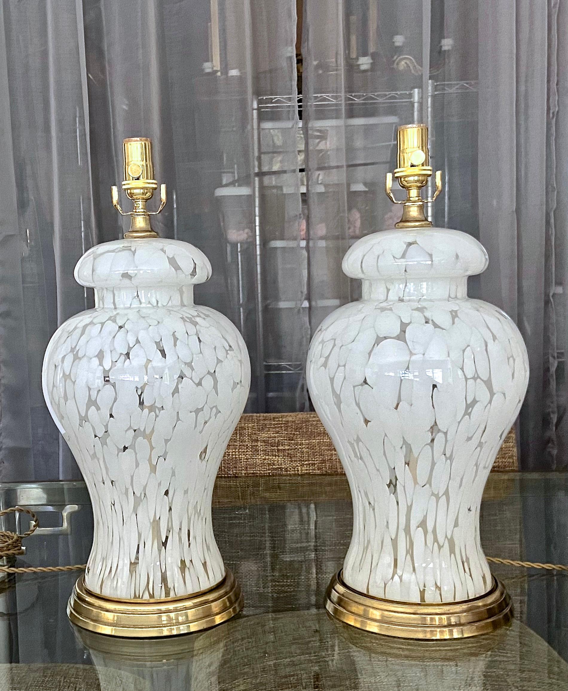 Italian Pair Murano Mazzega Splatter White & Clear Table Lamps For Sale