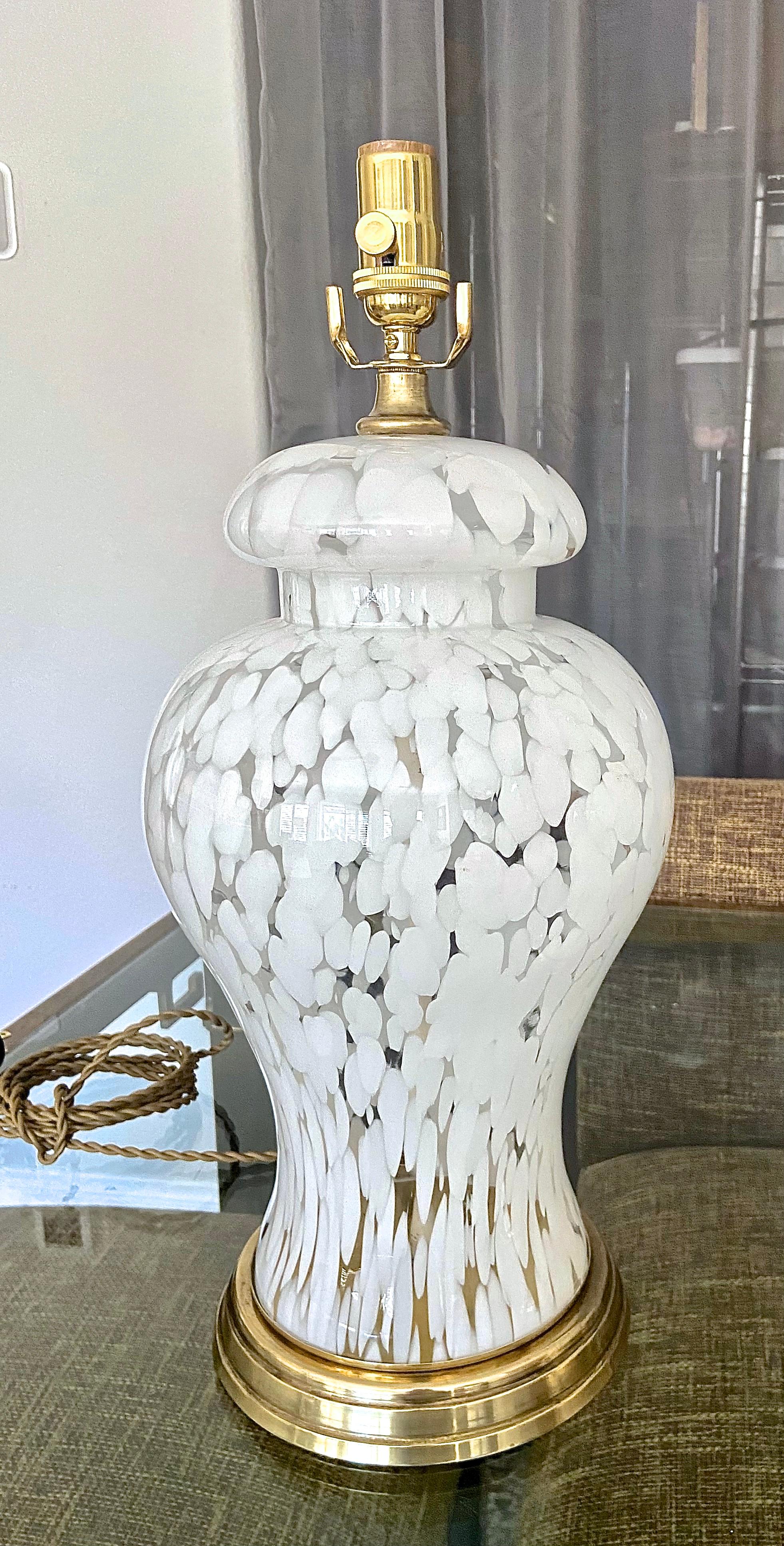 Mid-20th Century Pair Murano Mazzega Splatter White & Clear Table Lamps For Sale