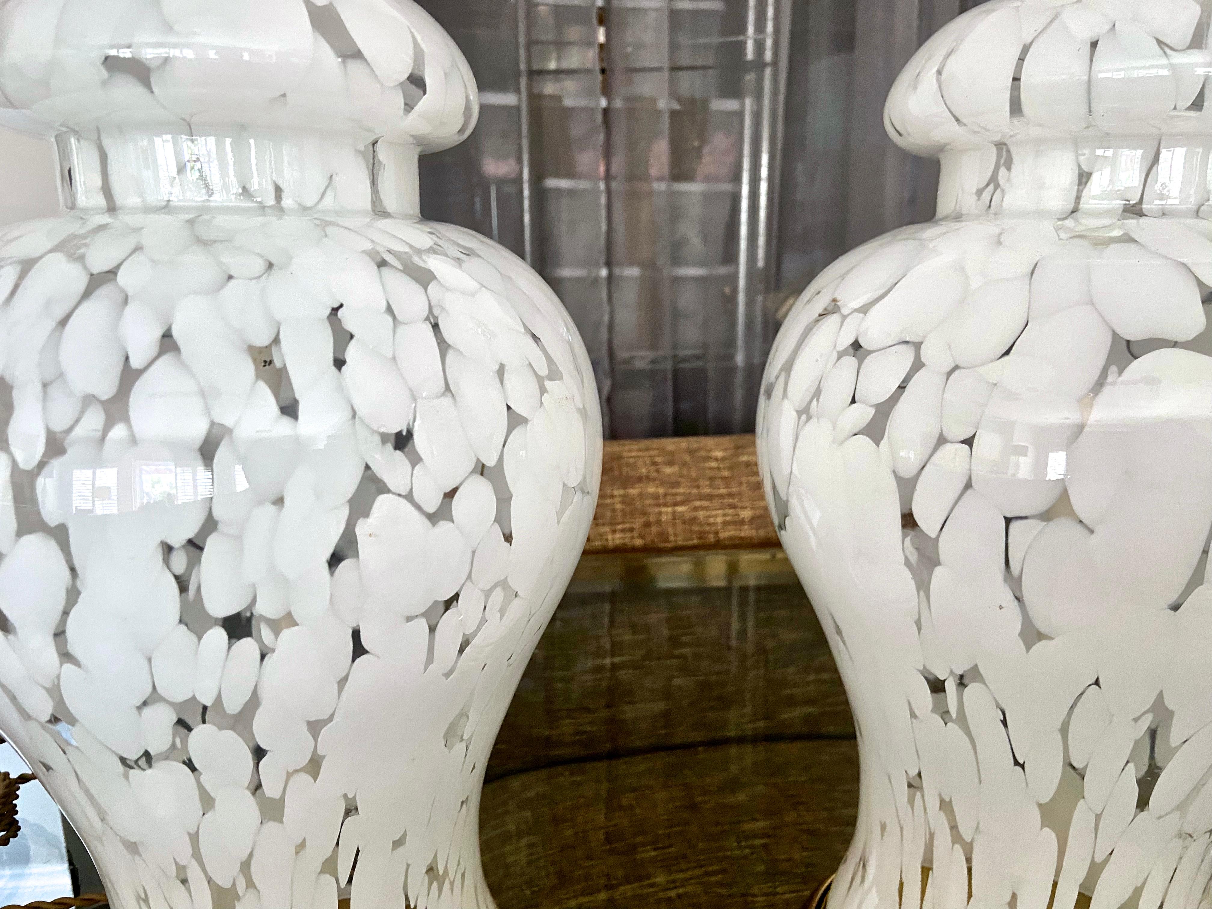 Pair Murano Mazzega Splatter White & Clear Table Lamps For Sale 2