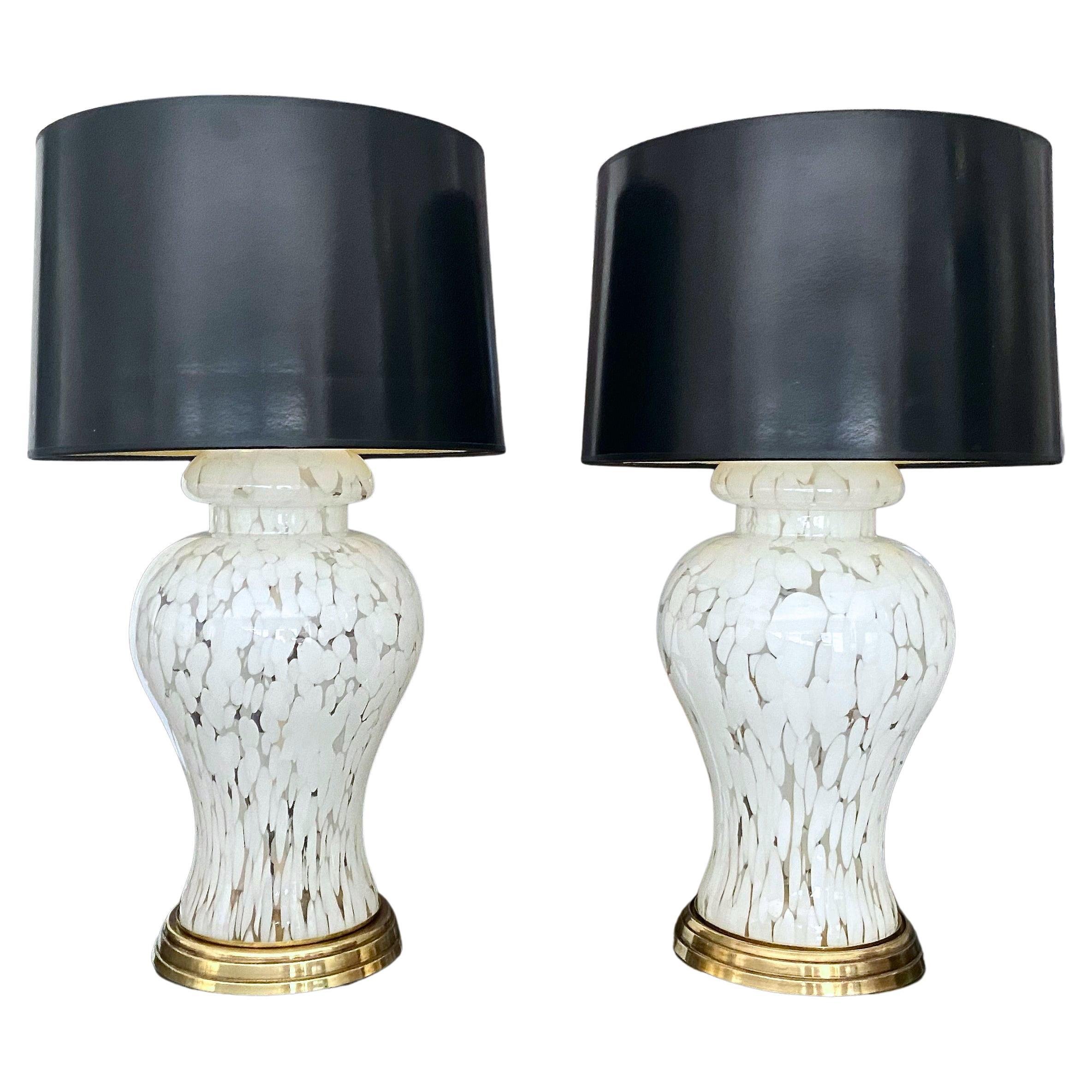 Pair Murano Mazzega Splatter White & Clear Table Lamps