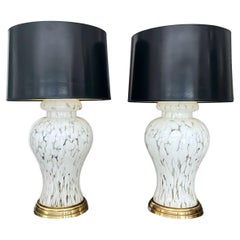 Pair Murano Mazzega Splatter White & Clear Table Lamps