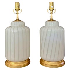 Pair Murano Mazzega Stripe White & Clear Table Lamps