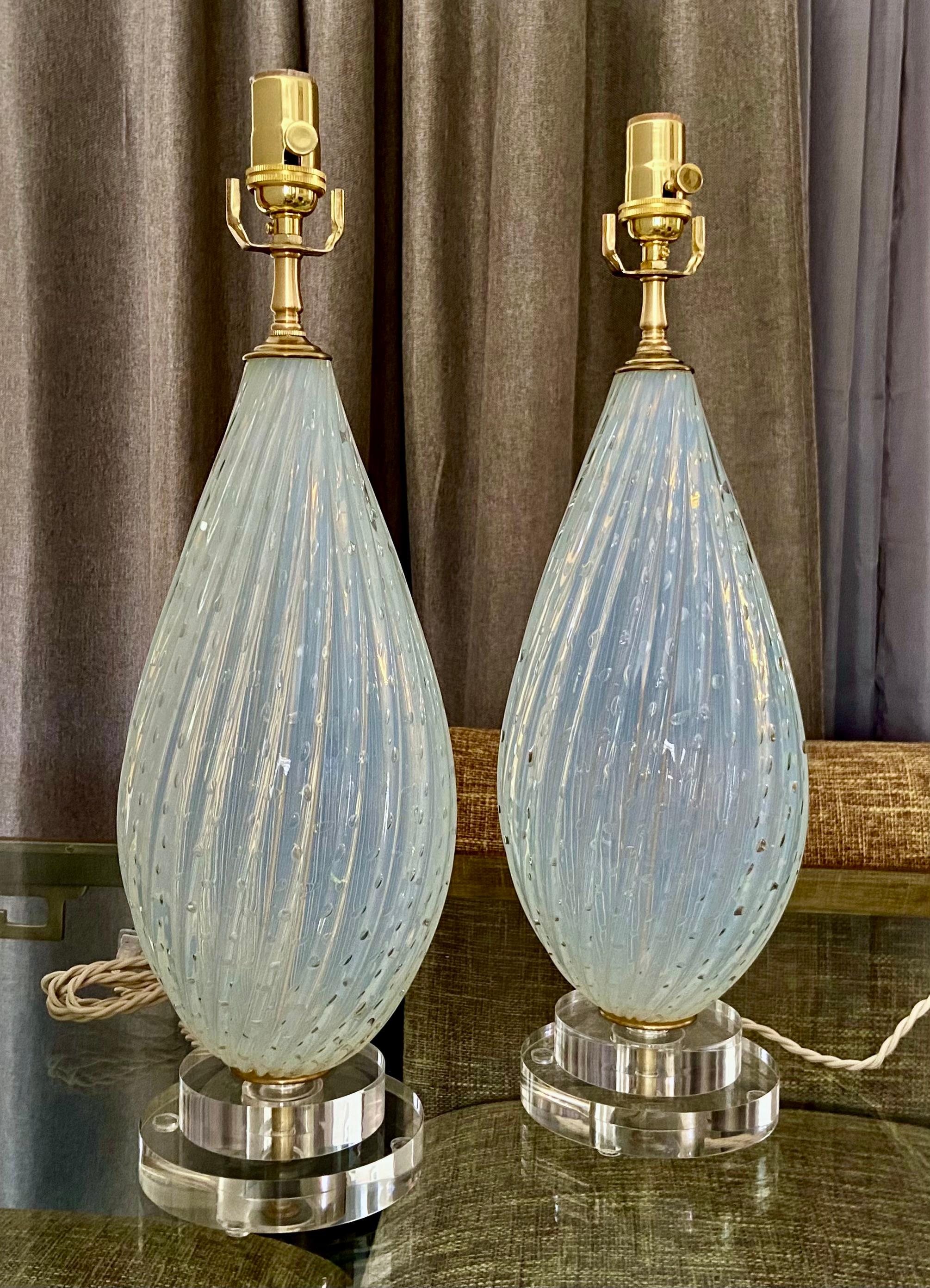 Mid-20th Century Pair Murano Opalescent Controlled Bubble Table Lamps