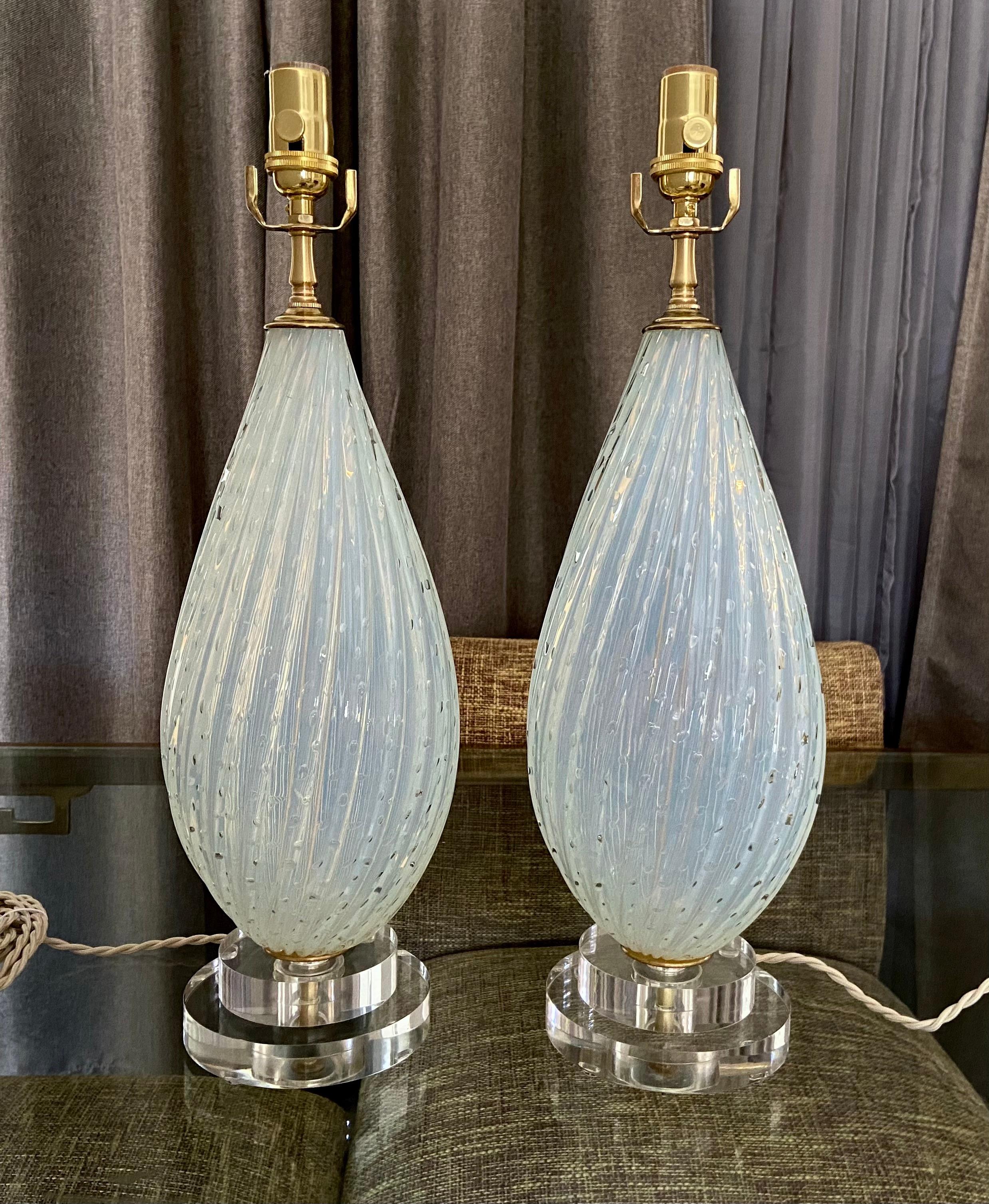 Brass Pair Murano Opalescent Controlled Bubble Table Lamps
