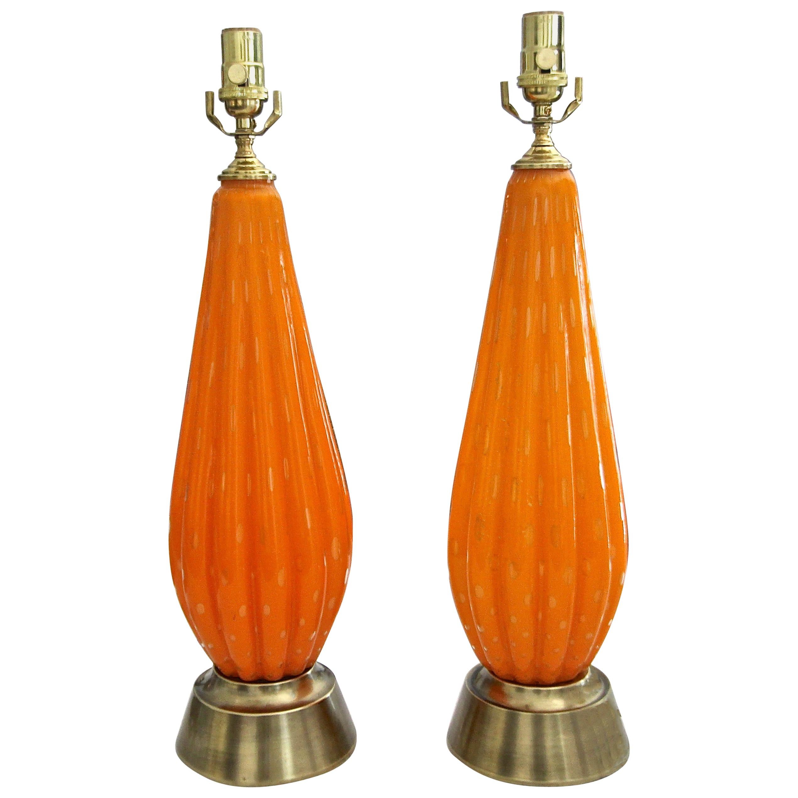 Pair Murano Orange and Controlled Bubbles Glass Table Lamp