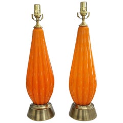 Pair Murano Orange and Controlled Bubbles Glass Table Lamp