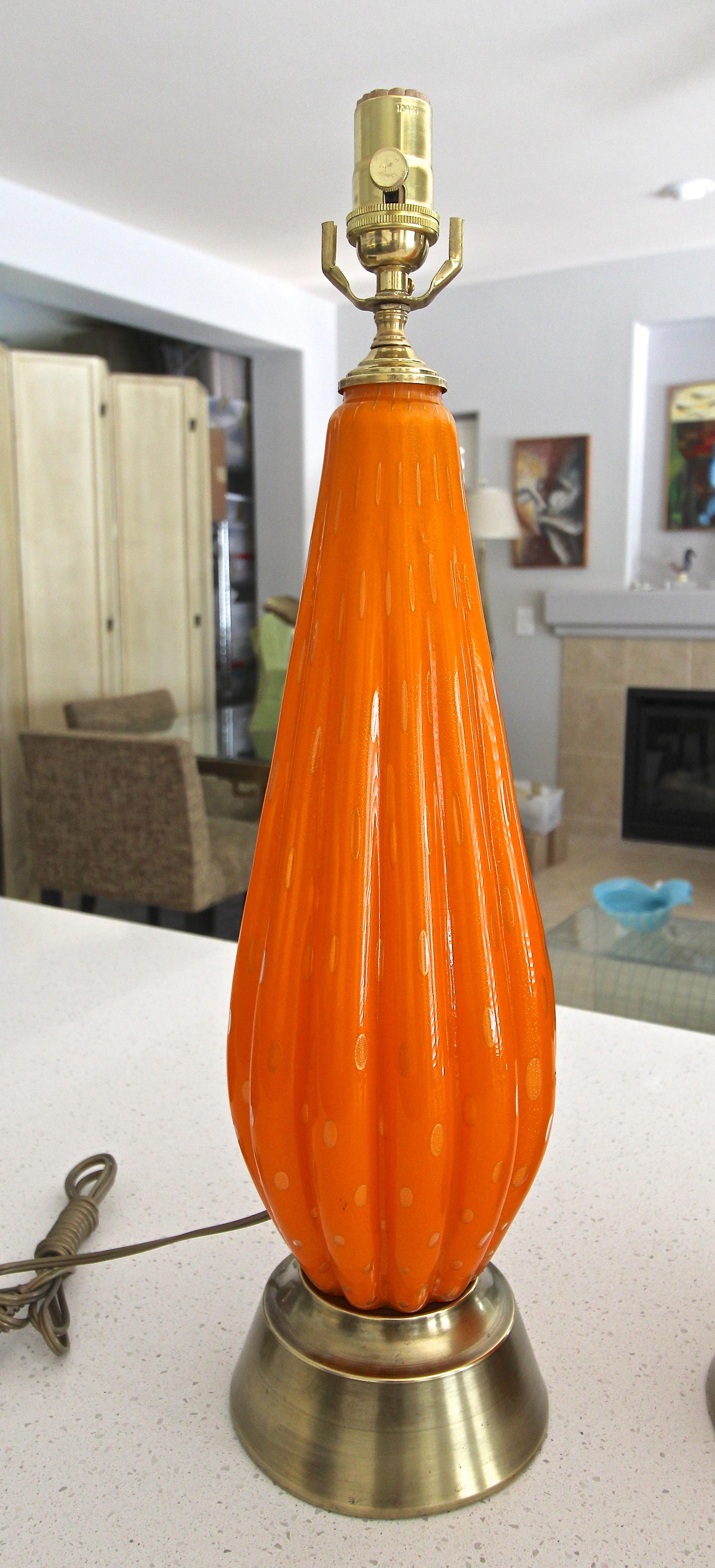 Pair Murano Orange and Controlled Bubbles Glass Table Lamp 4