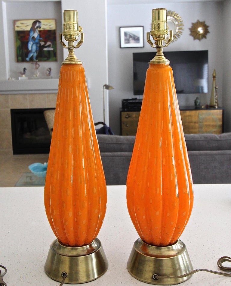 Pair Murano Orange and Controlled Bubbles Glass Table Lamp For Sale at