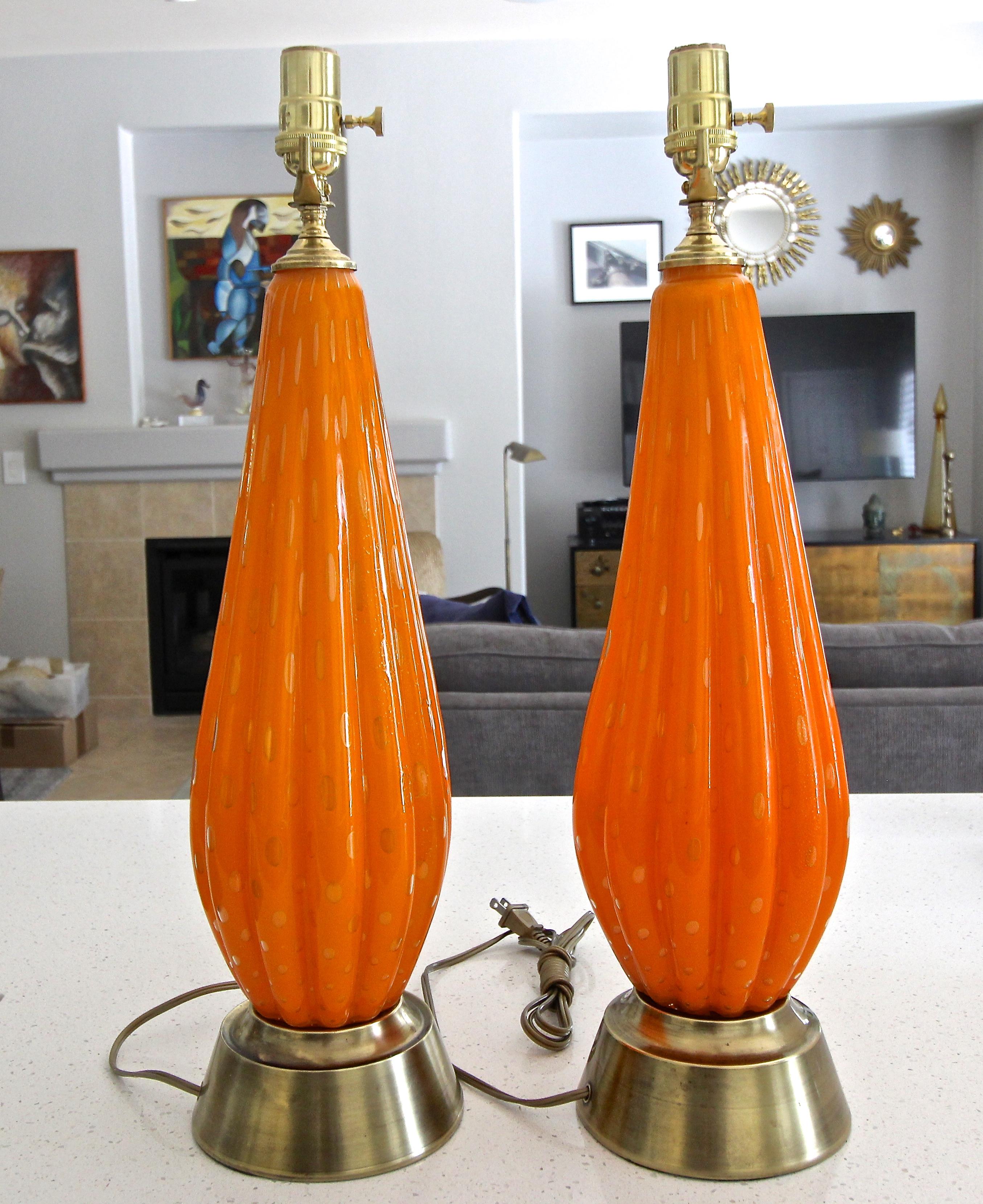 Pair Murano Orange and Controlled Bubbles Glass Table Lamp 7