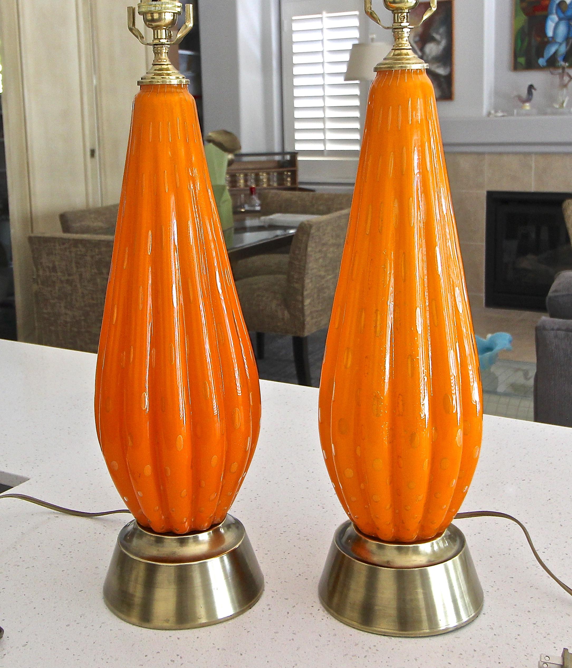 Pair Murano Orange and Controlled Bubbles Glass Table Lamp 13