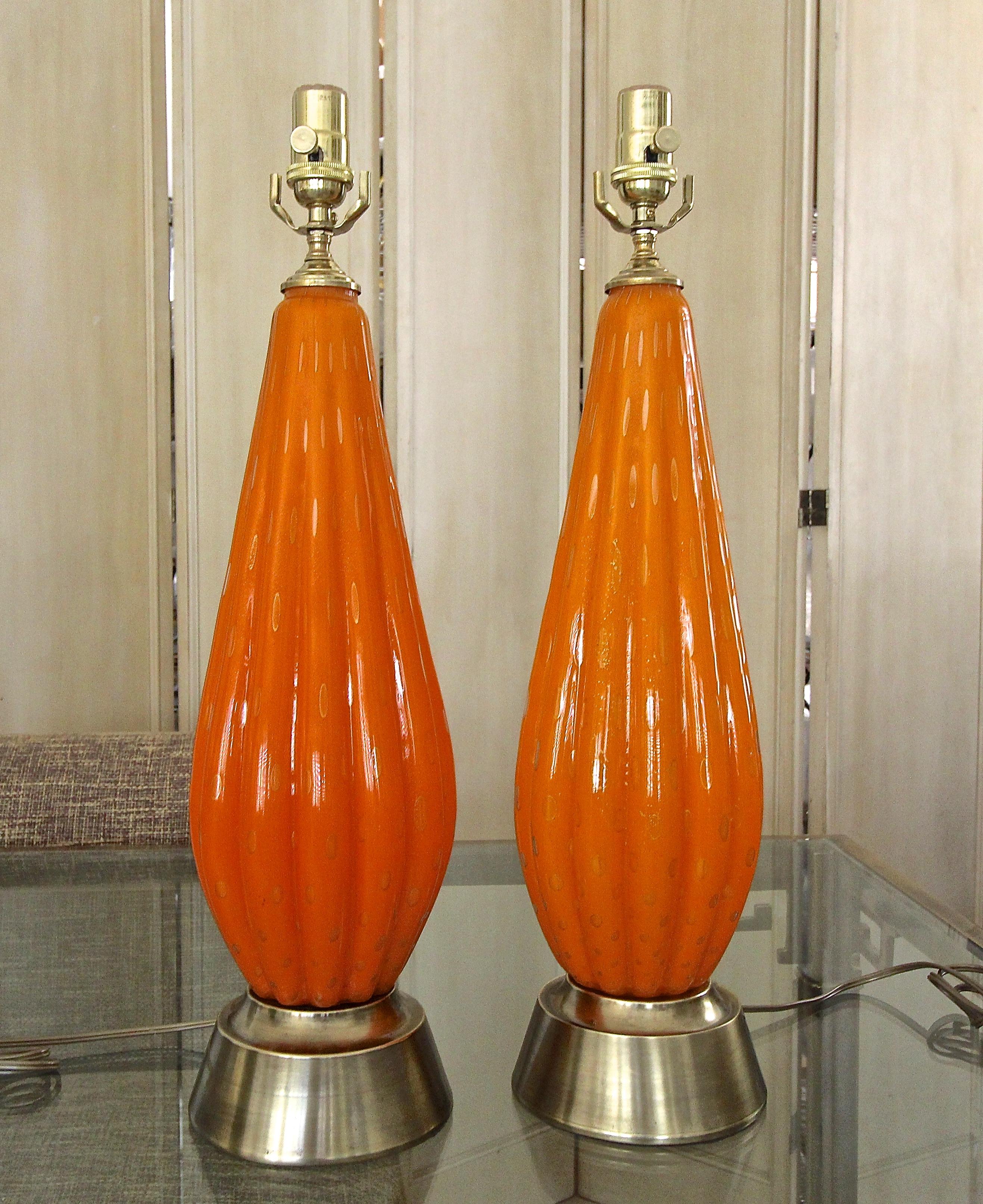 Pair Murano Orange and Controlled Bubbles Glass Table Lamp 14