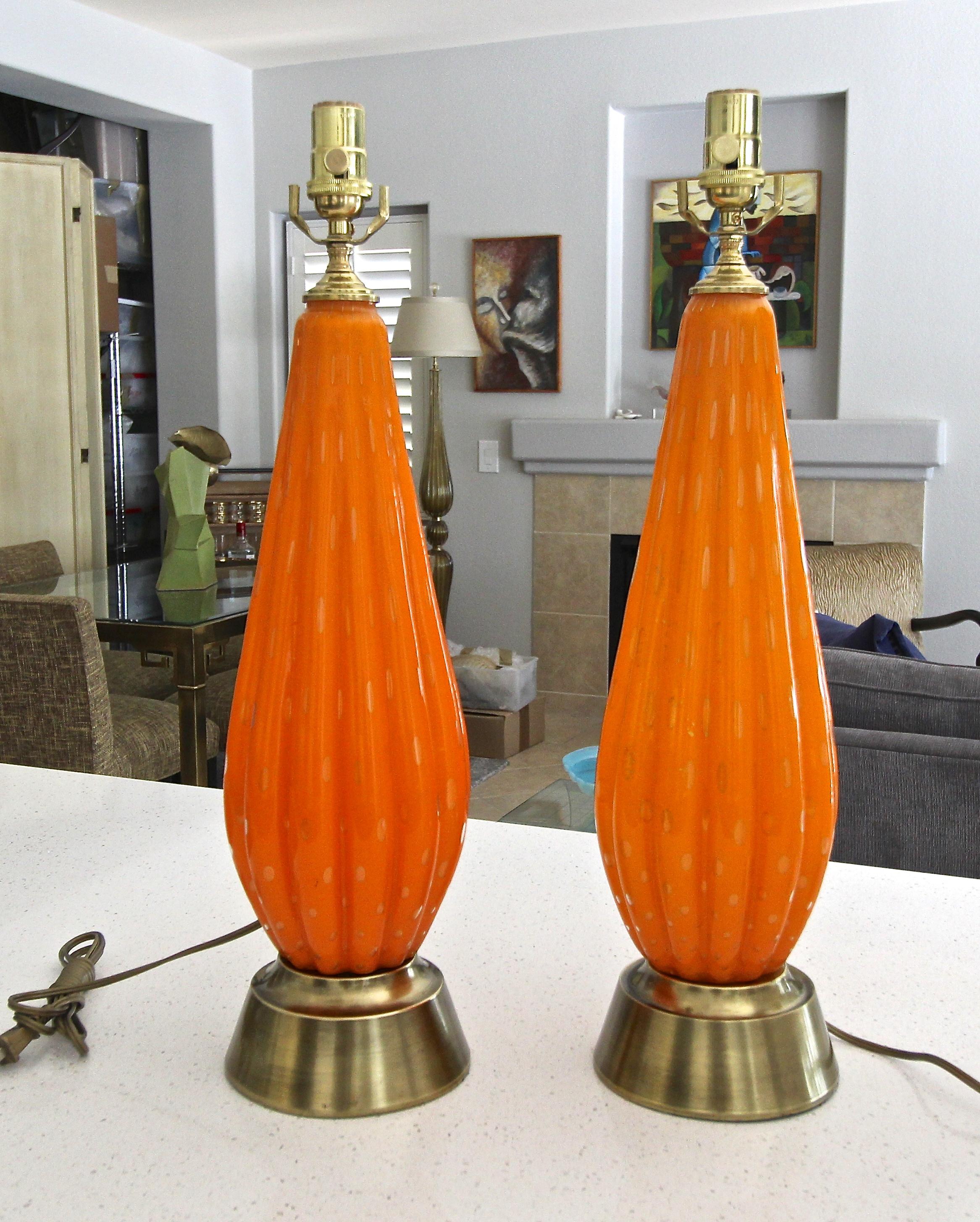 Italian Pair Murano Orange and Controlled Bubbles Glass Table Lamp
