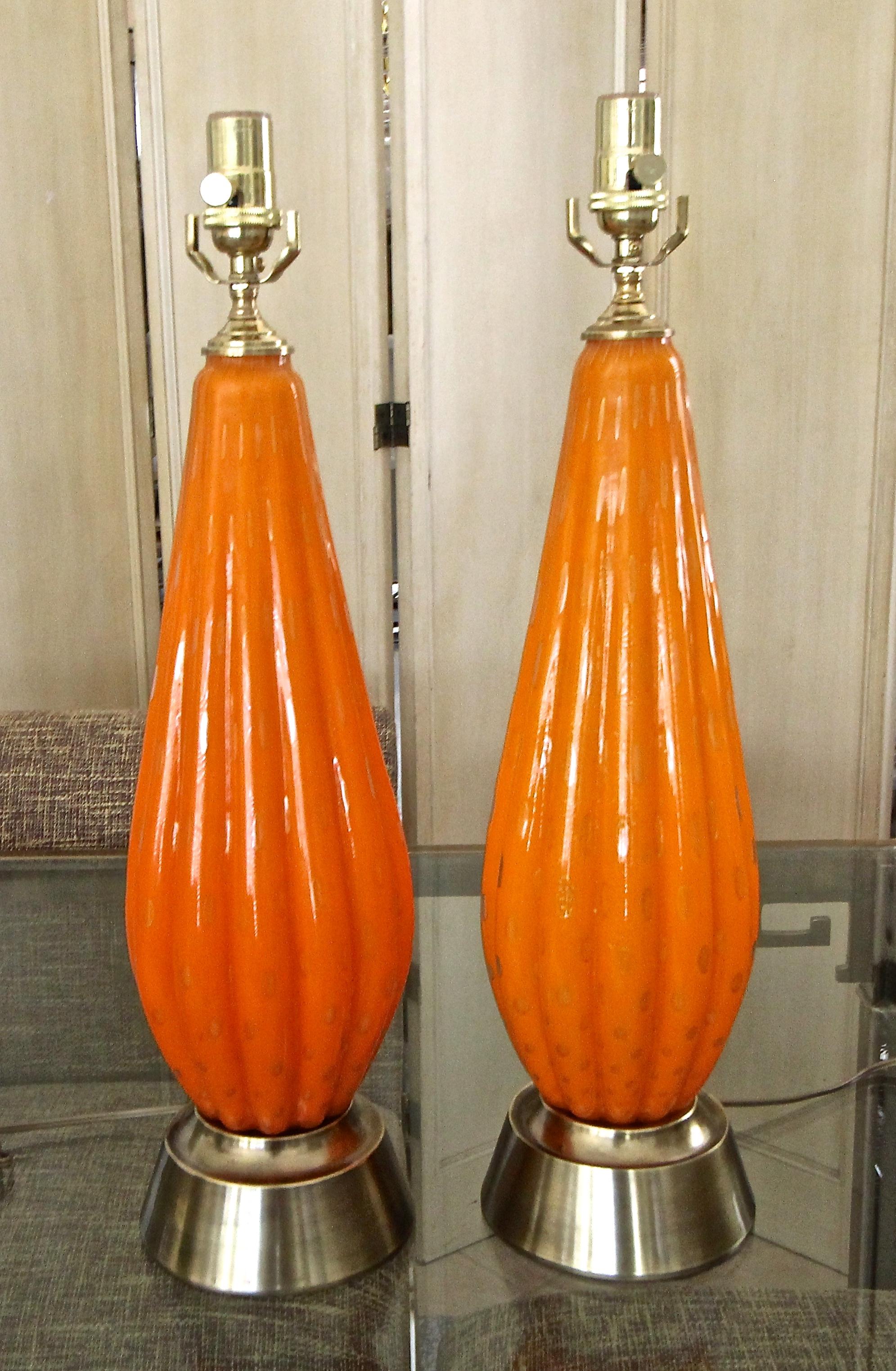 Pair Murano Orange and Controlled Bubbles Glass Table Lamp In Good Condition In Palm Springs, CA