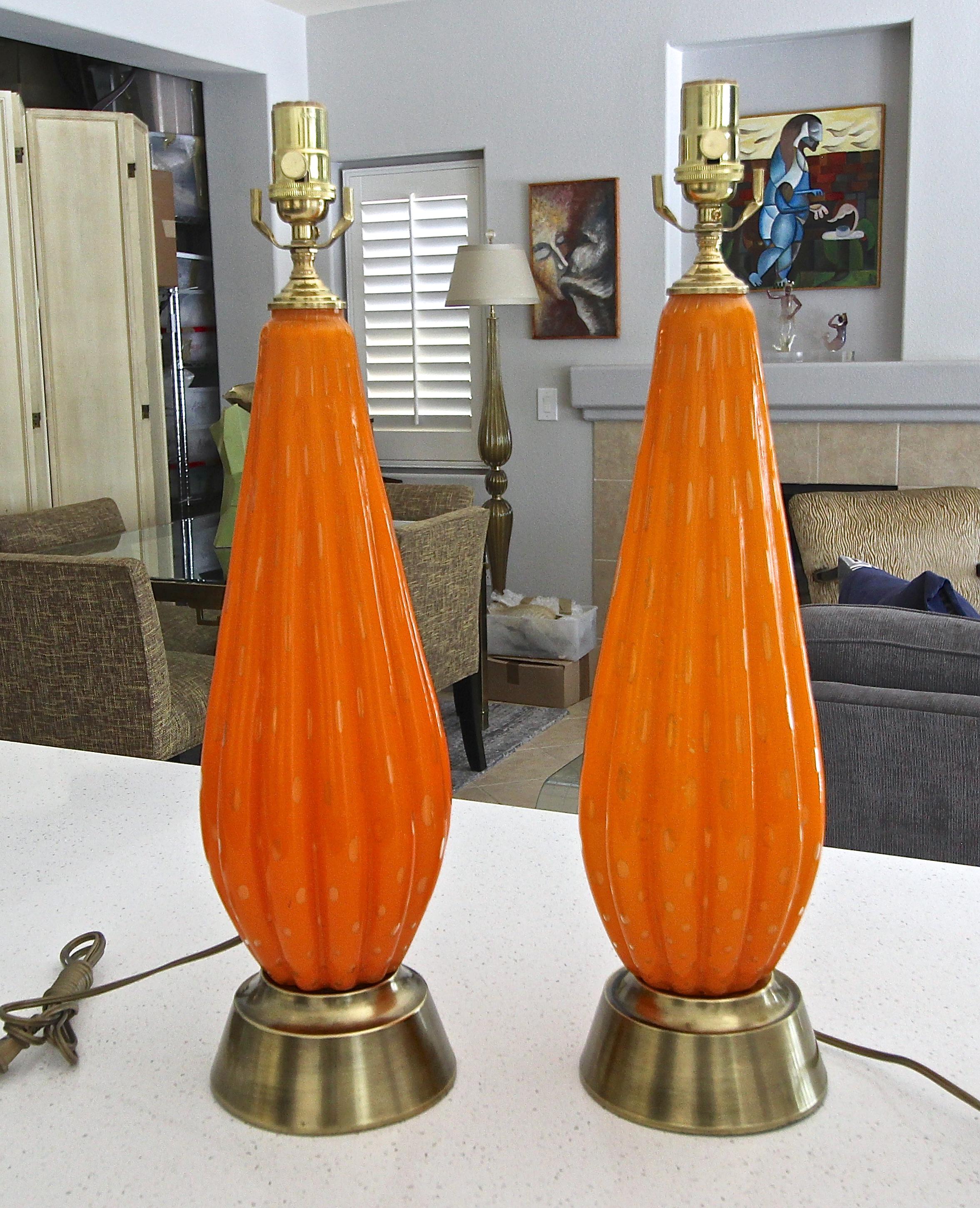 Brass Pair Murano Orange and Controlled Bubbles Glass Table Lamp