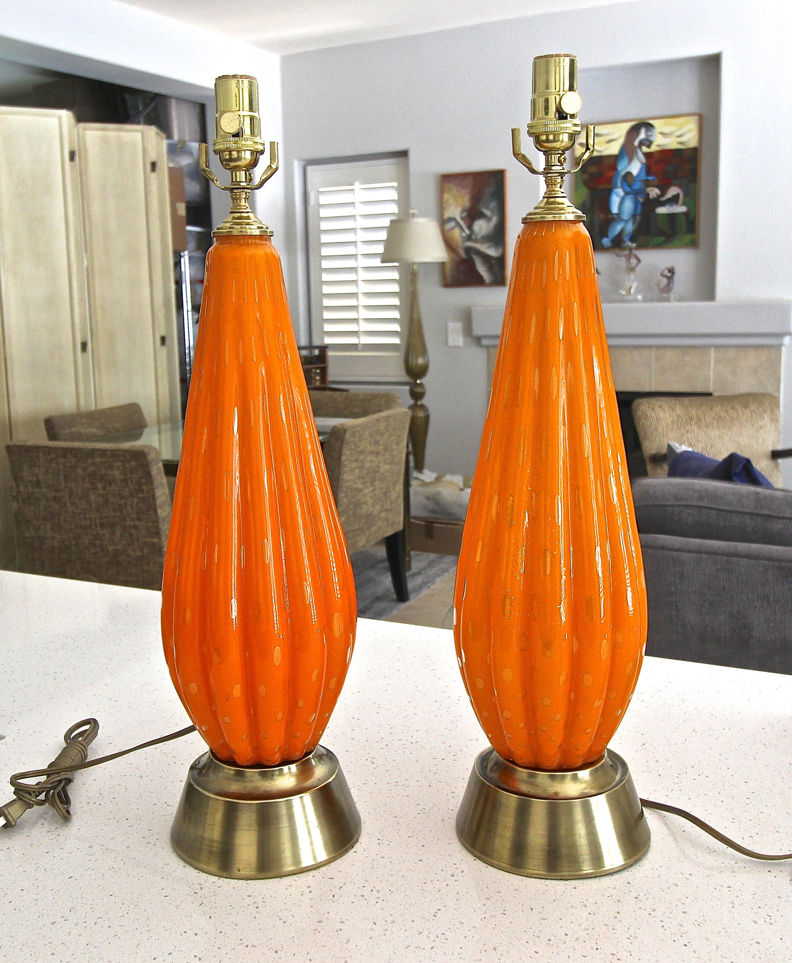 Pair Murano Orange and Controlled Bubbles Glass Table Lamp 1