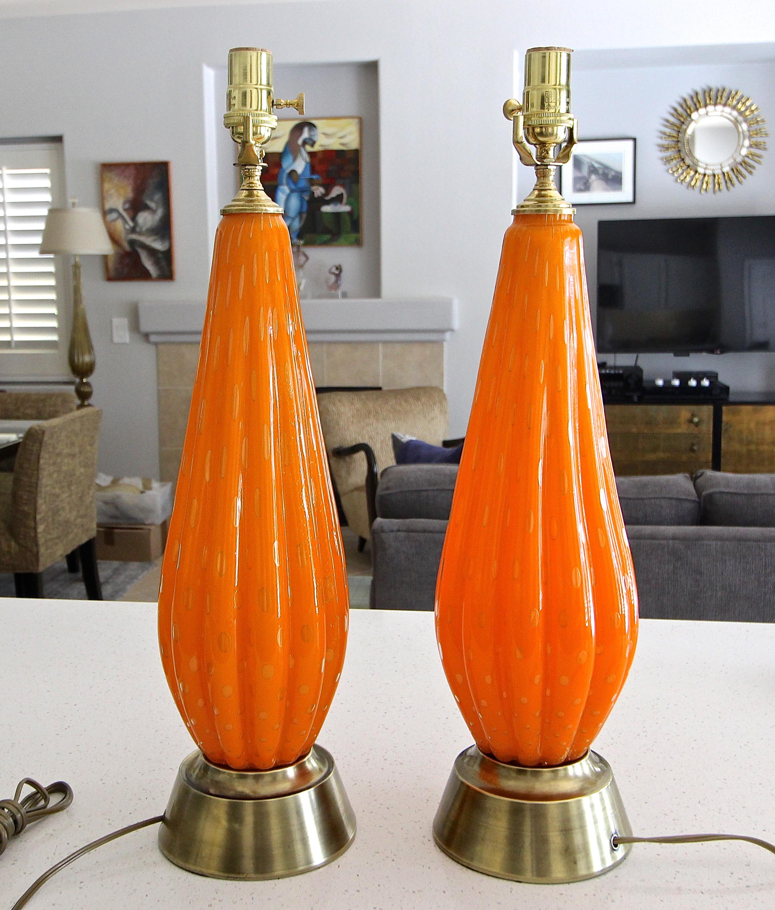Pair Murano Orange and Controlled Bubbles Glass Table Lamp 2