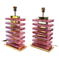 Pair Murano Pink Glass and Lacquered Brass Table Lamps
