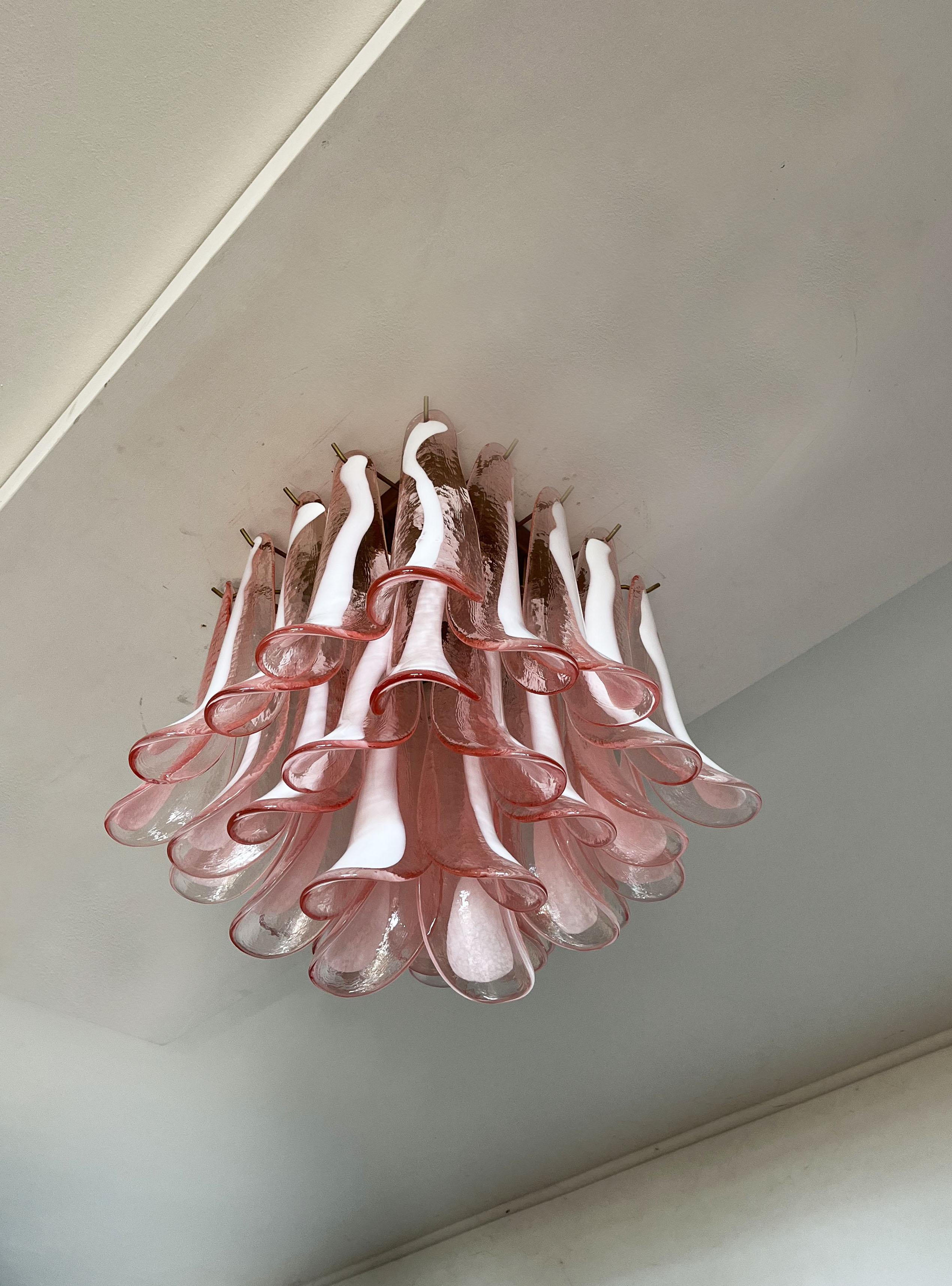 Pair Murano Pink Petal Ceilng Chandeliers In Good Condition For Sale In Budapest, HU