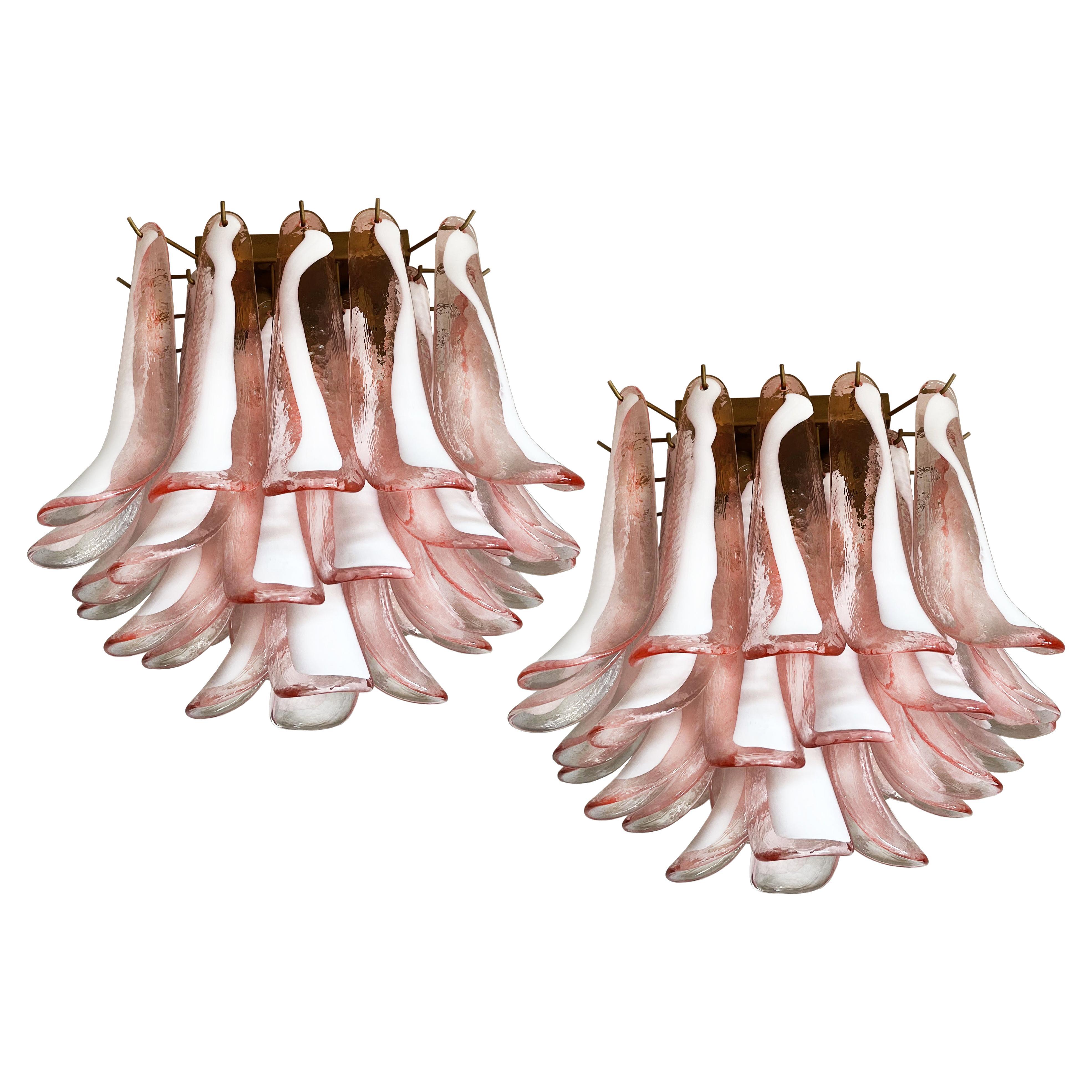 Pair Murano Pink Petal Ceilng Chandeliers For Sale