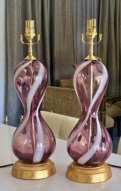 Pair Murano Purple White Stripe Swirl Table Lamps