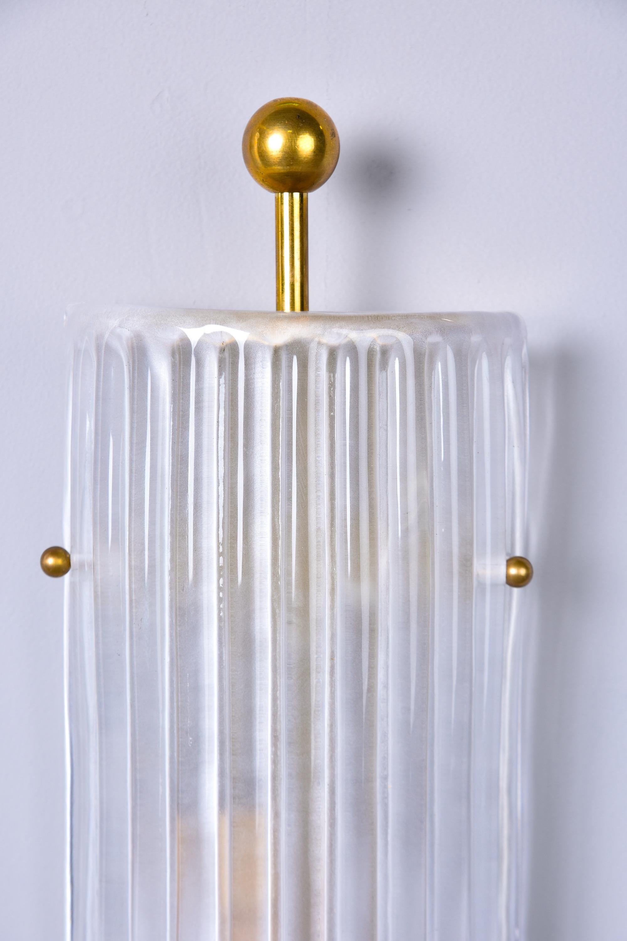 Mid-Century Modern Pair Murano Ribbed Glass Wall Lights with Brass Fittings For Sale