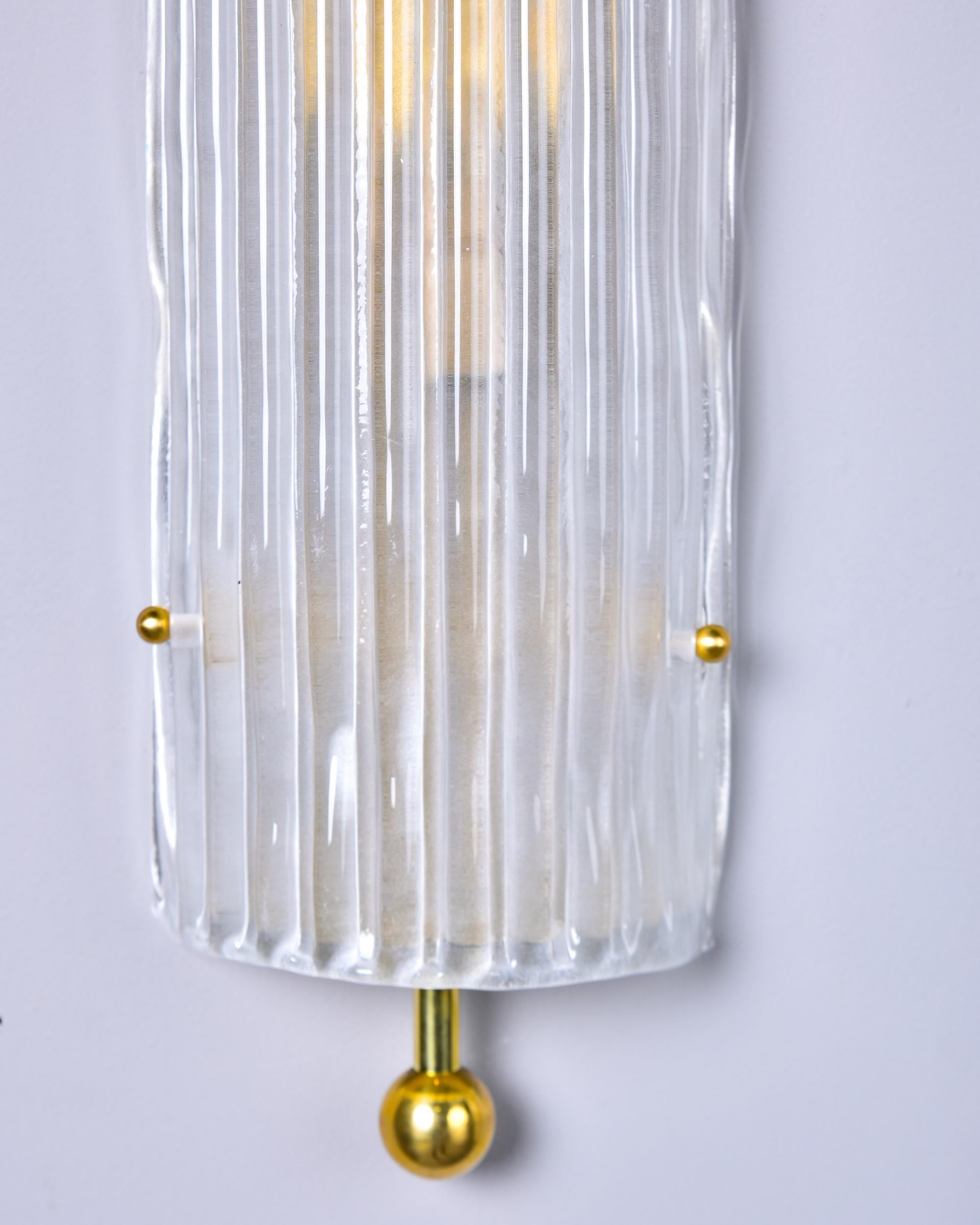 Italian Pair Murano Ribbed Glass Wall Lights with Brass Fittings For Sale