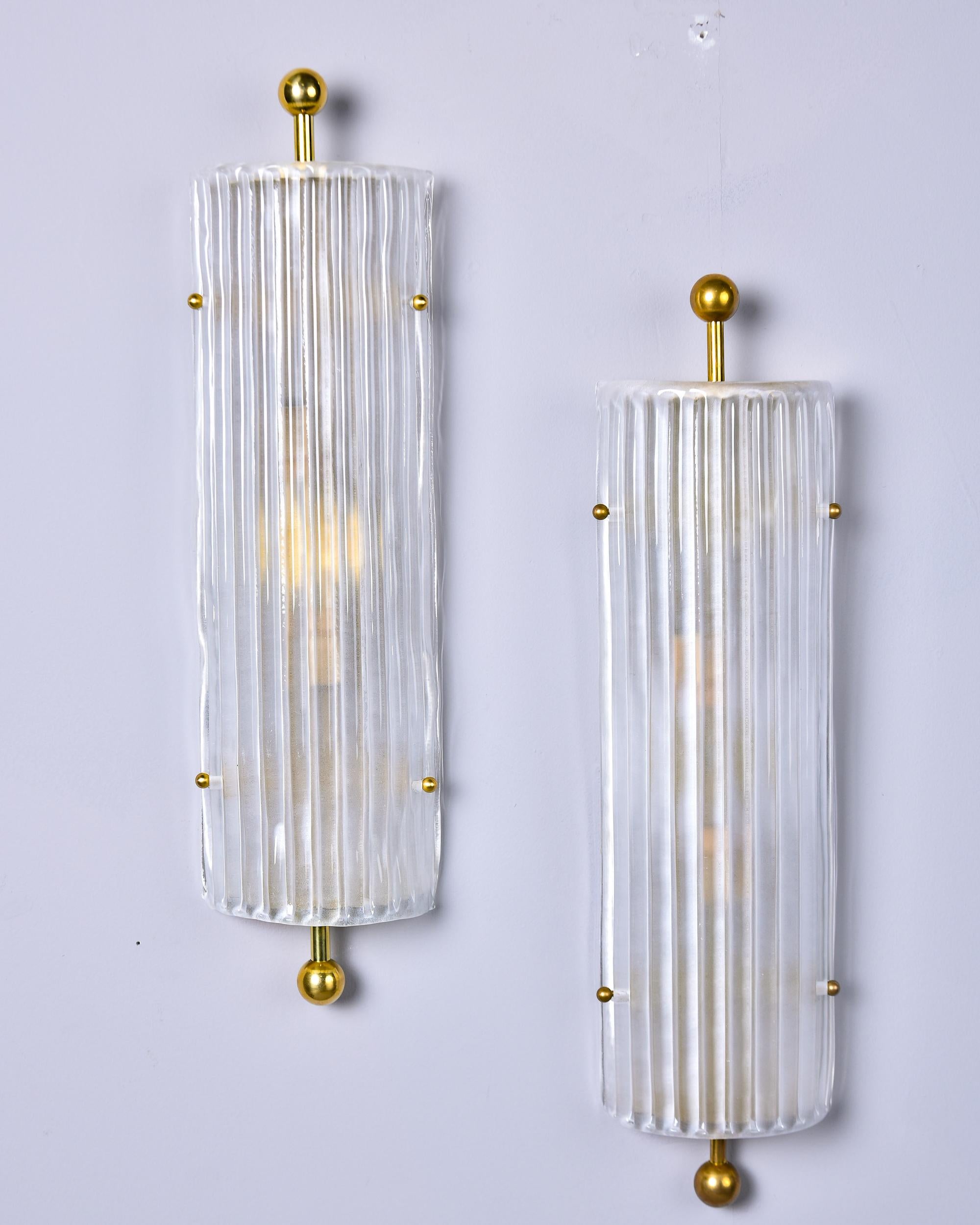 Pair Murano Ribbed Glass Wall Lights with Brass Fittings In New Condition In Troy, MI