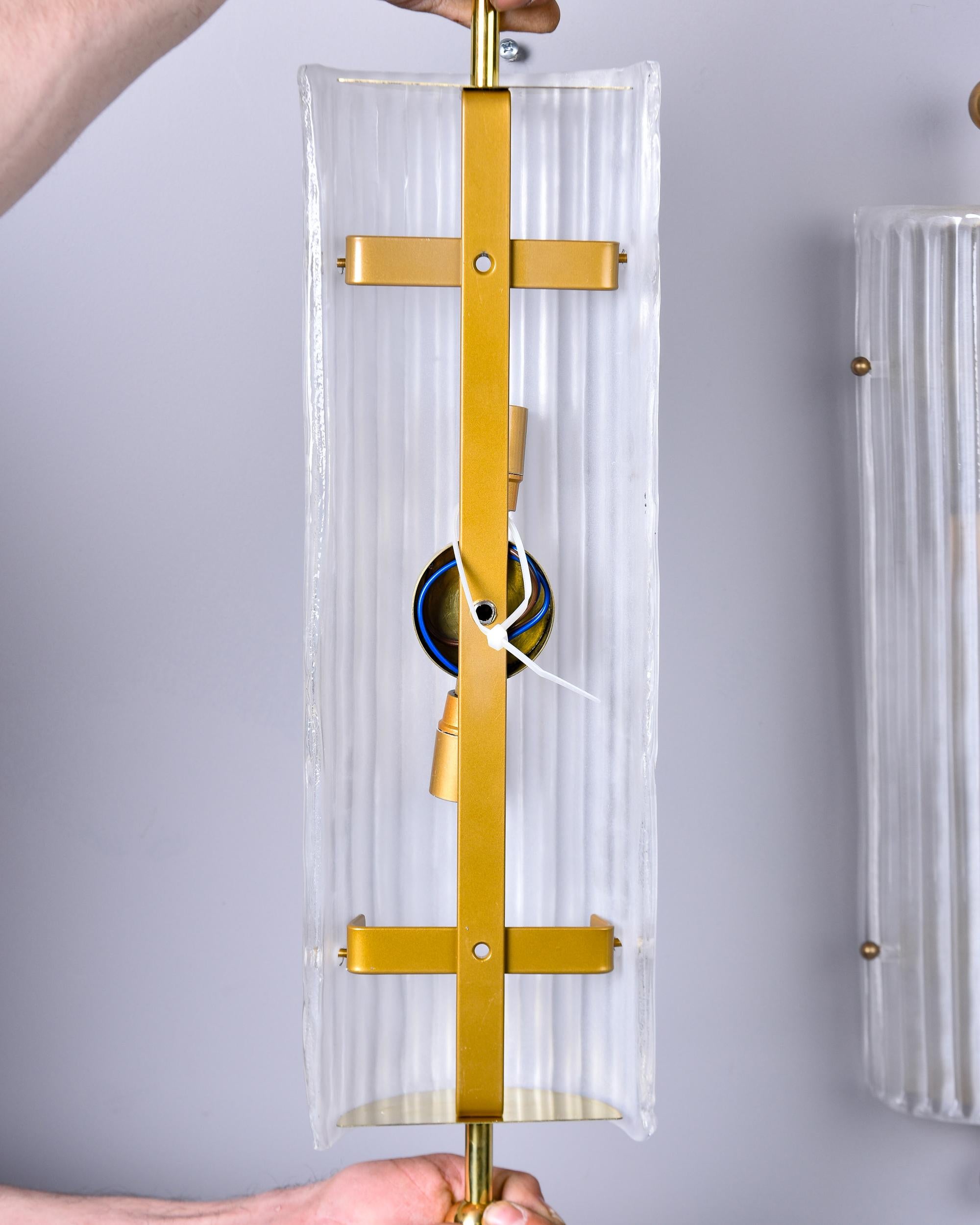 Contemporary Pair Murano Ribbed Glass Wall Lights with Brass Fittings