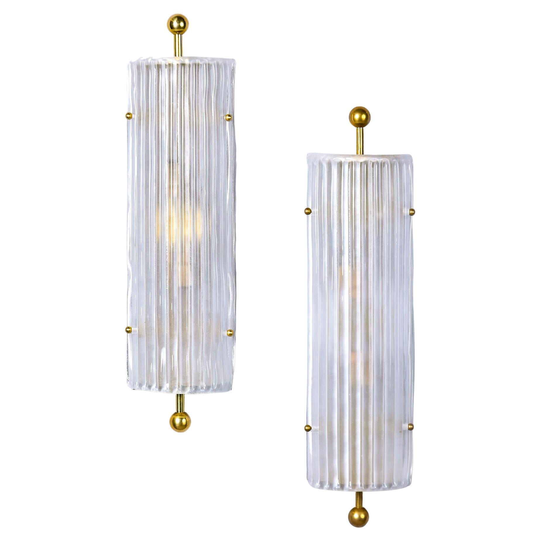 Pair Murano Ribbed Glass Wall Lights with Brass Fittings