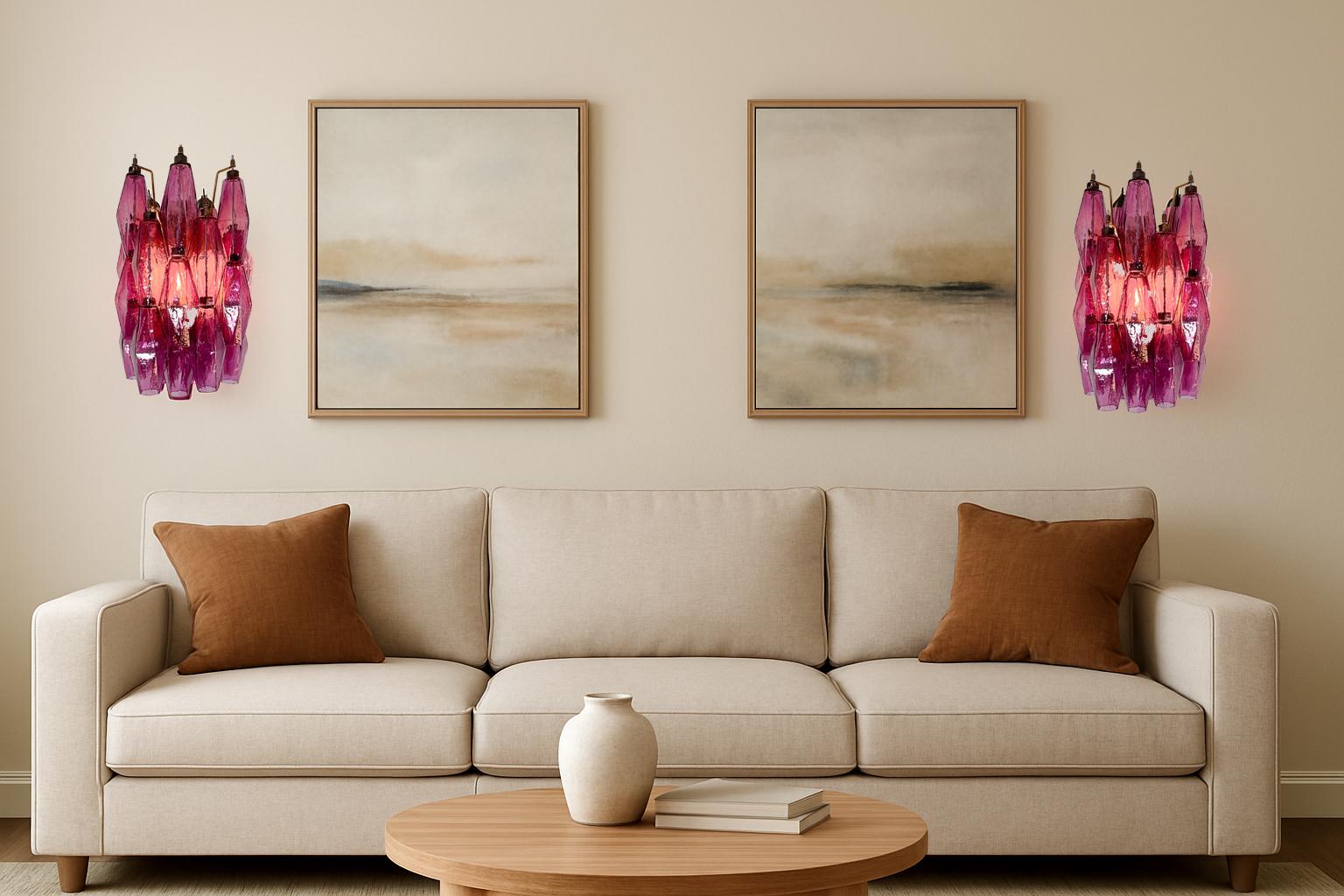 Murano Glass pair of applique. 100% HAND MADE IN MURANO. The appliques are made by 17 Murano handmade amethyst glass, for each one, in a Solid metal frame gold painted and brass.
Period: late XX century
Dimensions: 15,75 inches (40 cm) height; 9,85