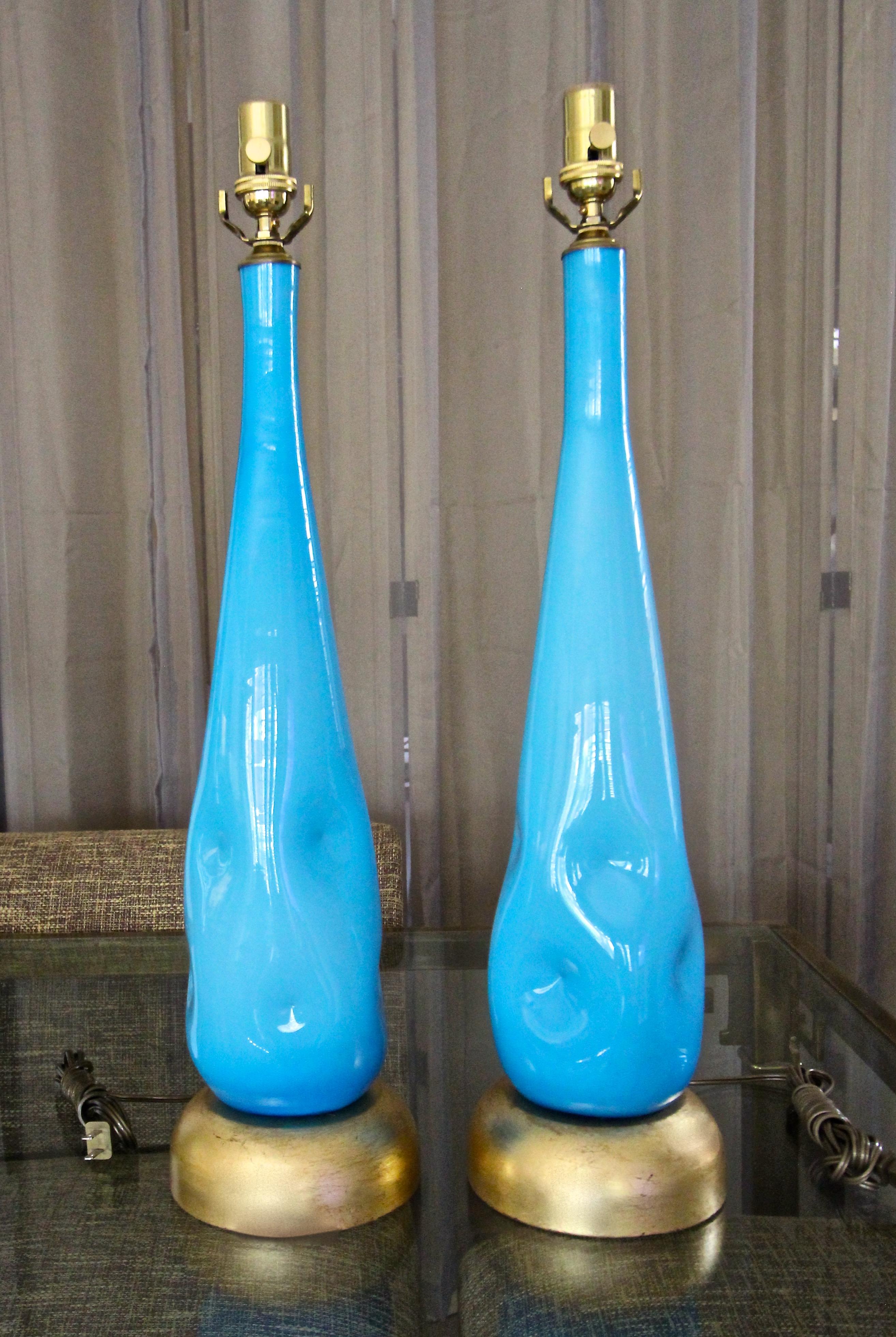 Pair Murano Blue Glass Table Lamps In Good Condition In Palm Springs, CA