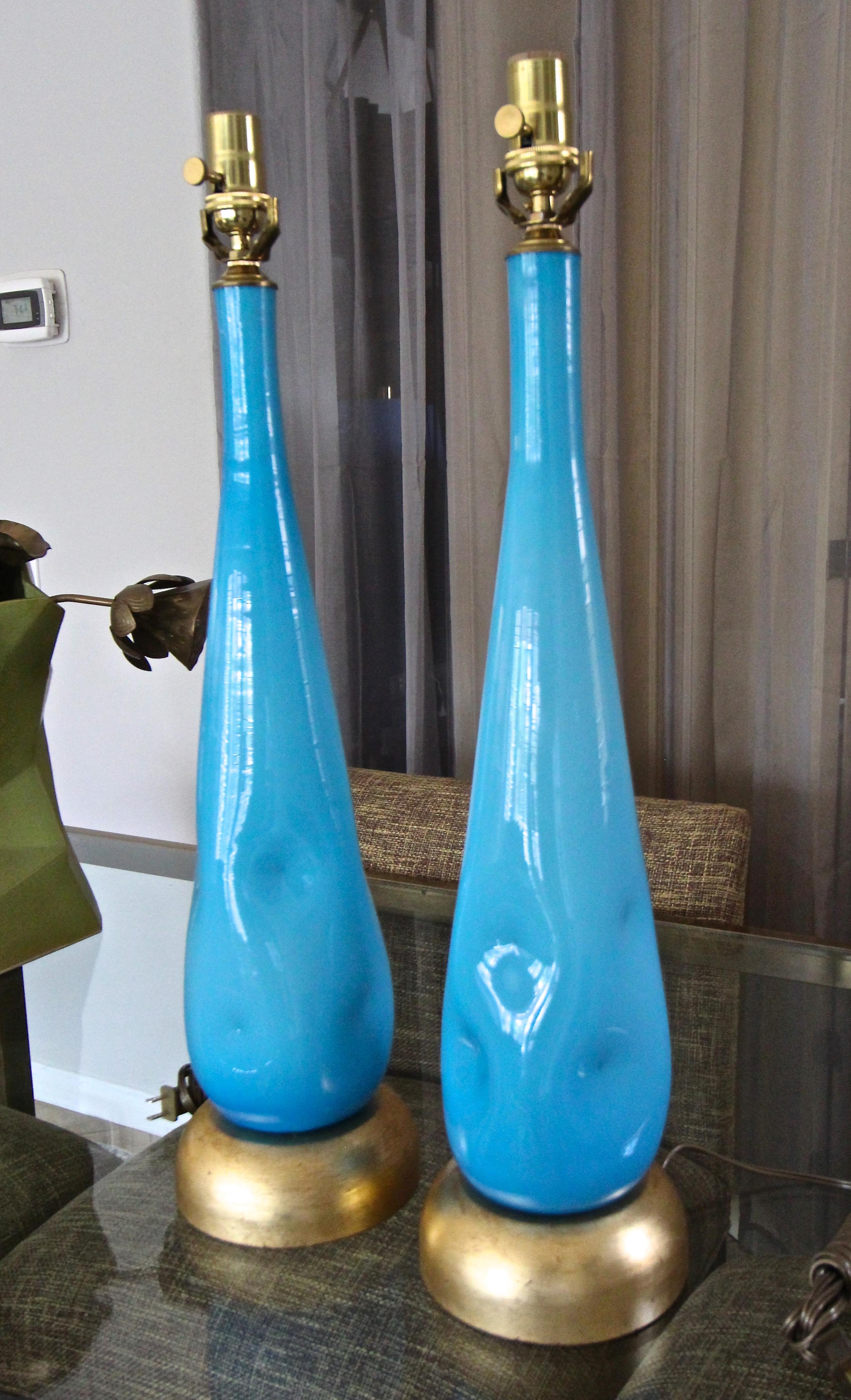 Brass Pair Murano Blue Glass Table Lamps