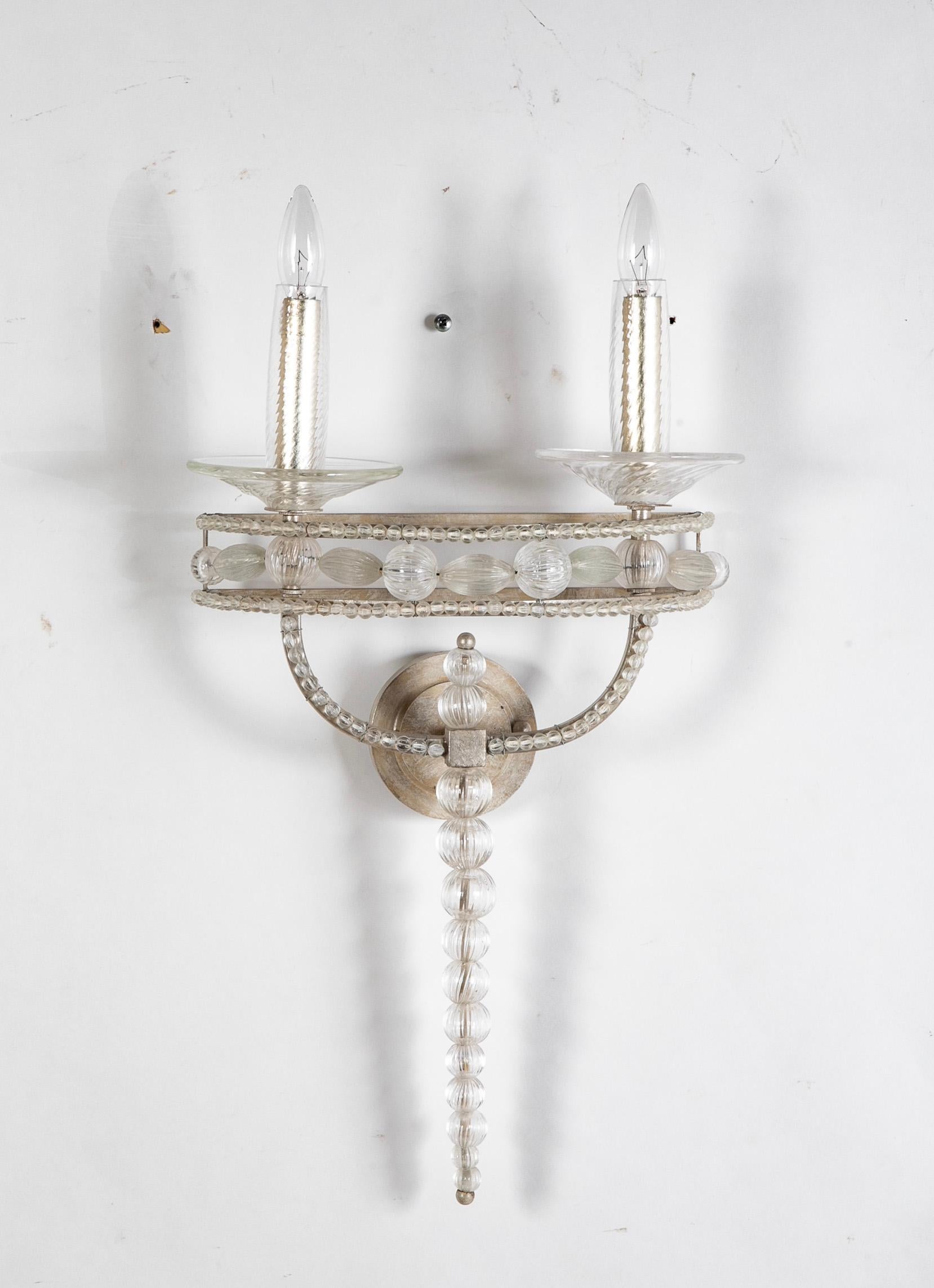 Mid-Century Modern Pair Murano Style Silvered Metal and Glass Two Light Wall Sconces