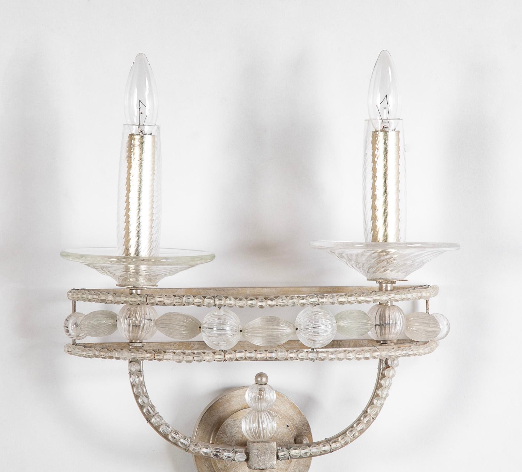 Pair Murano Style Silvered Metal and Glass Two Light Wall Sconces In Good Condition In Stamford, CT