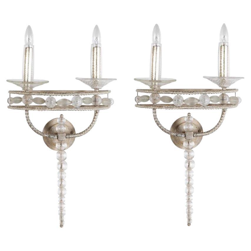 Pair Murano Style Silvered Metal and Glass Two Light Wall Sconces