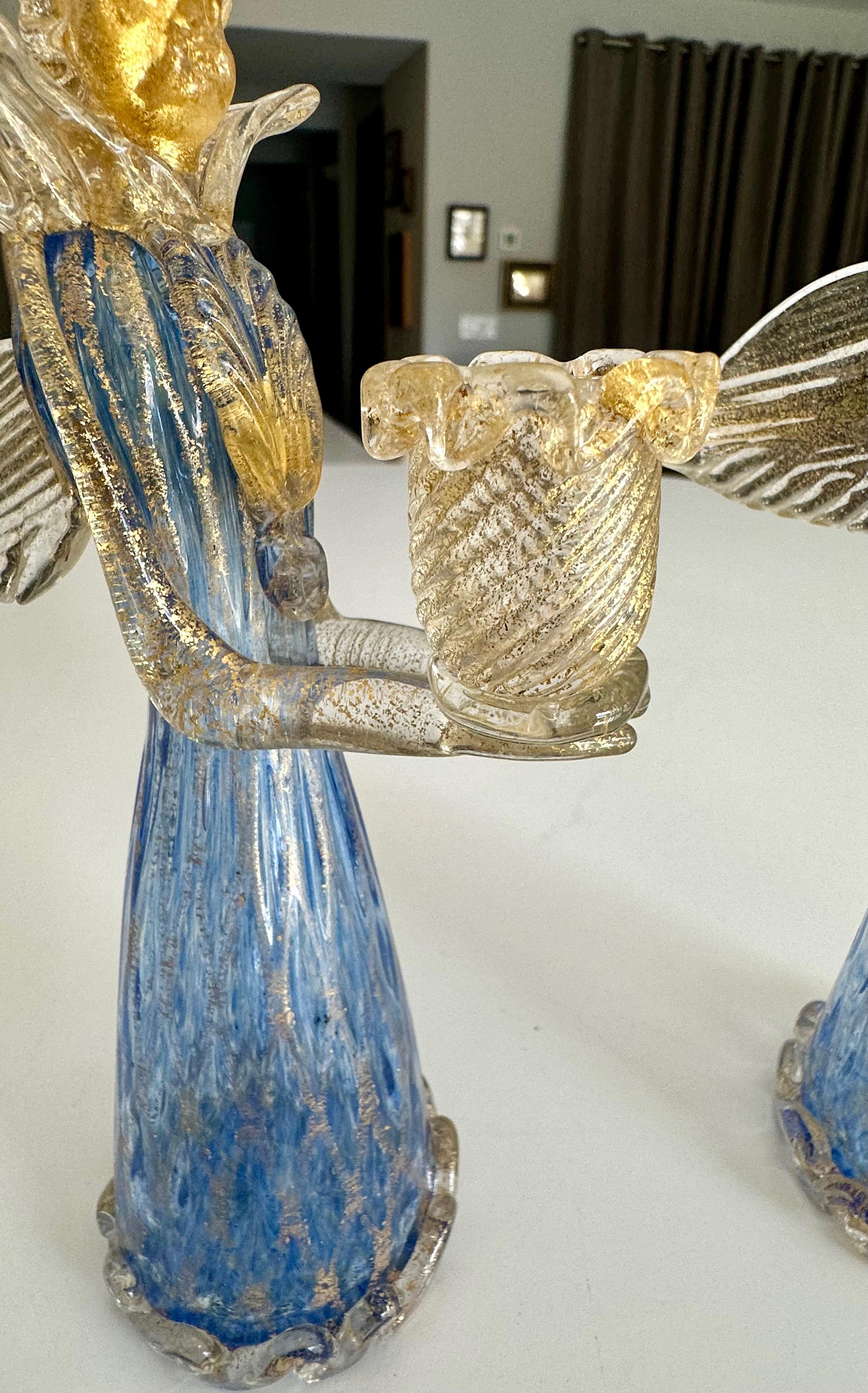 Pair Murano Venetian Blue & Gold Glass Angel Candle holders For Sale 4