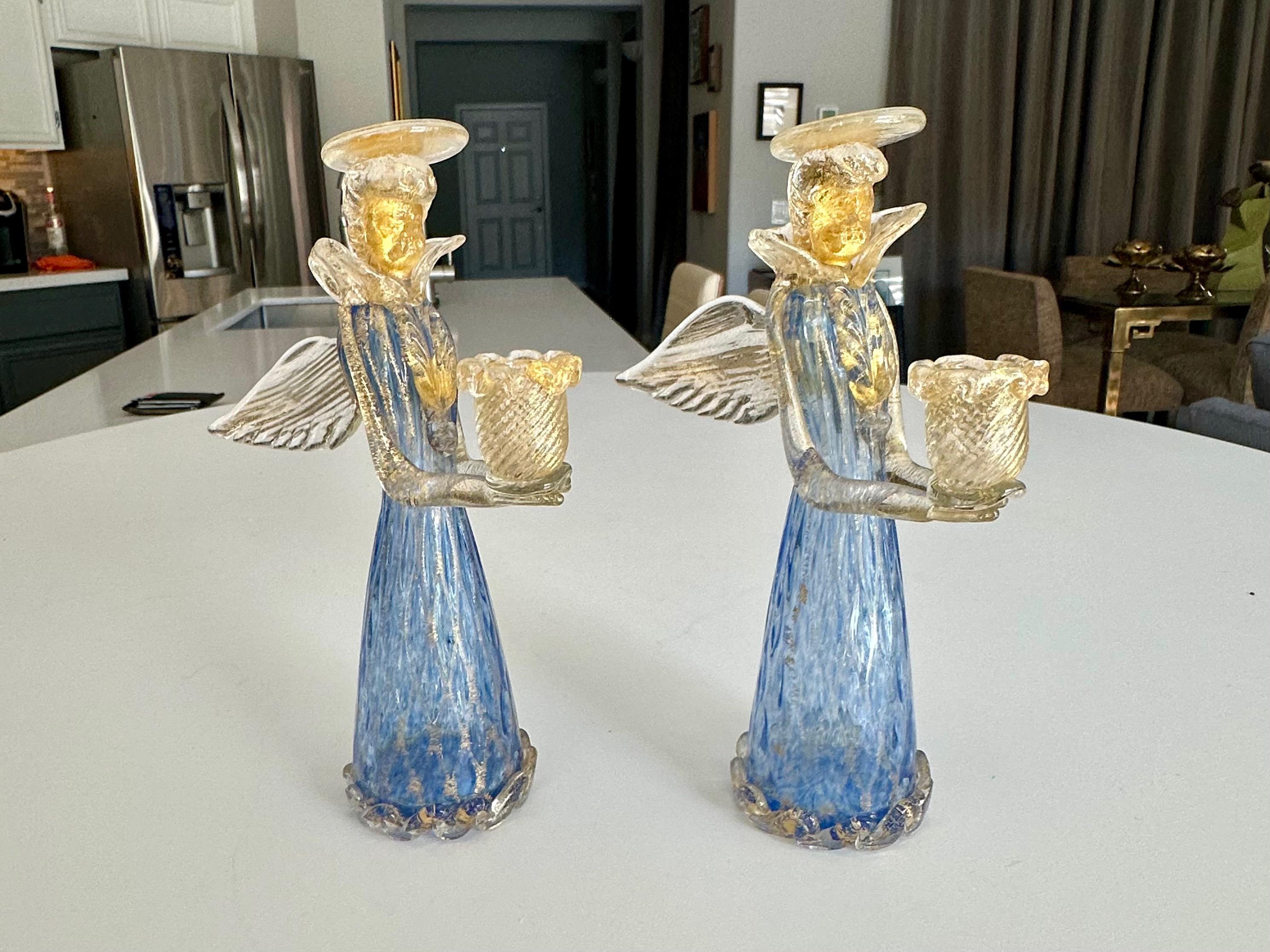 Pair Murano Venetian Blue & Gold Glass Angel Candle holders For Sale 5