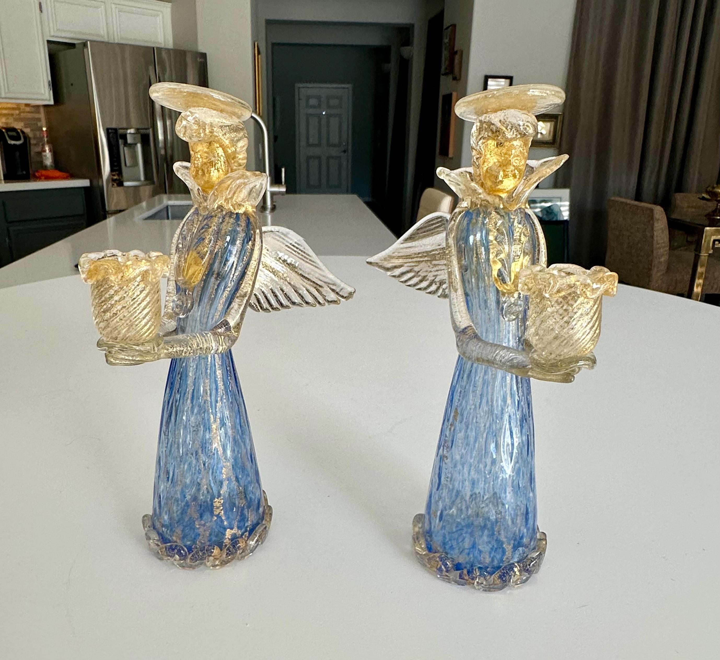 Pair Murano Venetian Blue & Gold Glass Angel Candle holders For Sale 6