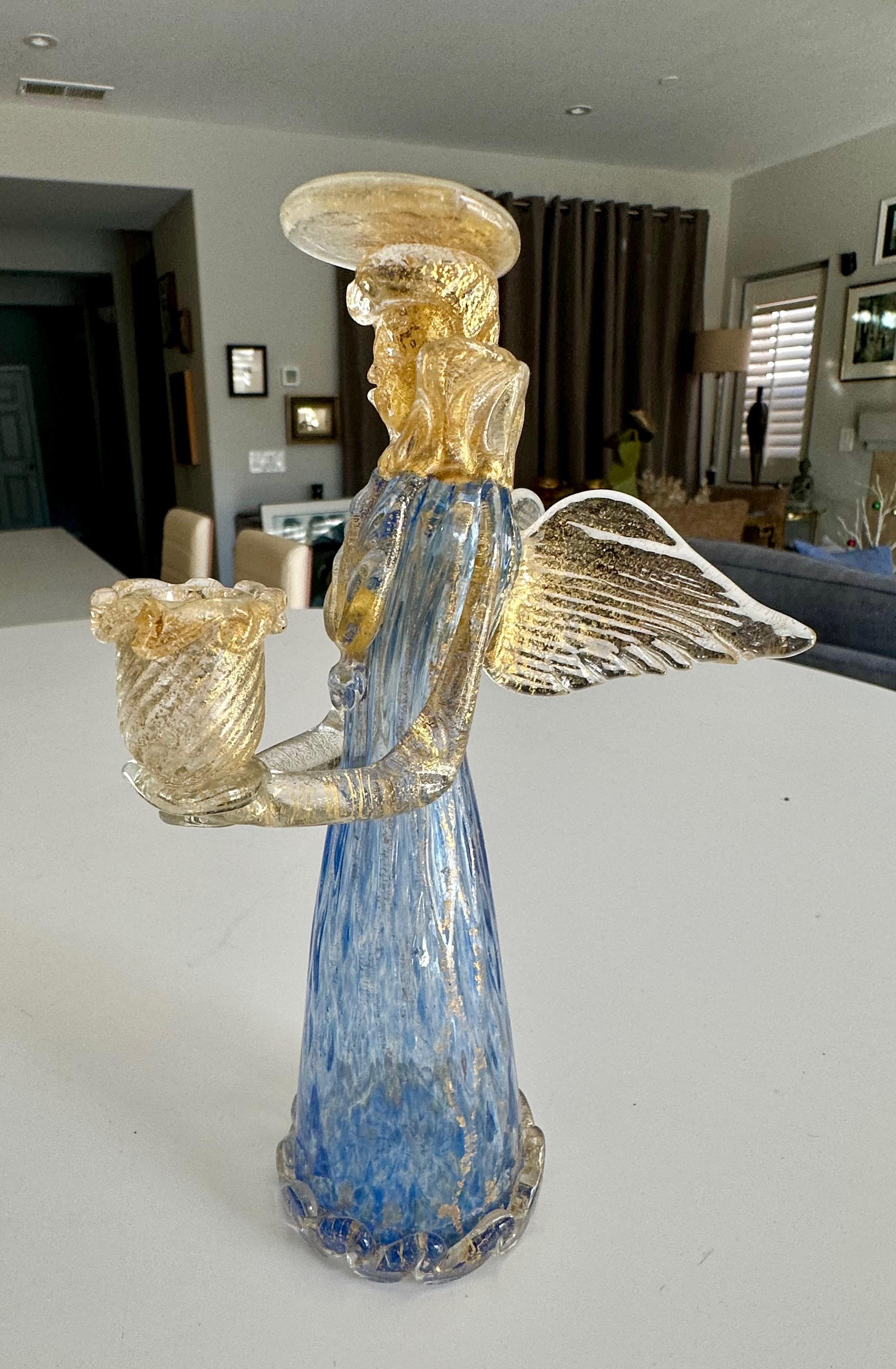 Pair Murano Venetian Blue & Gold Glass Angel Candle holders For Sale 7