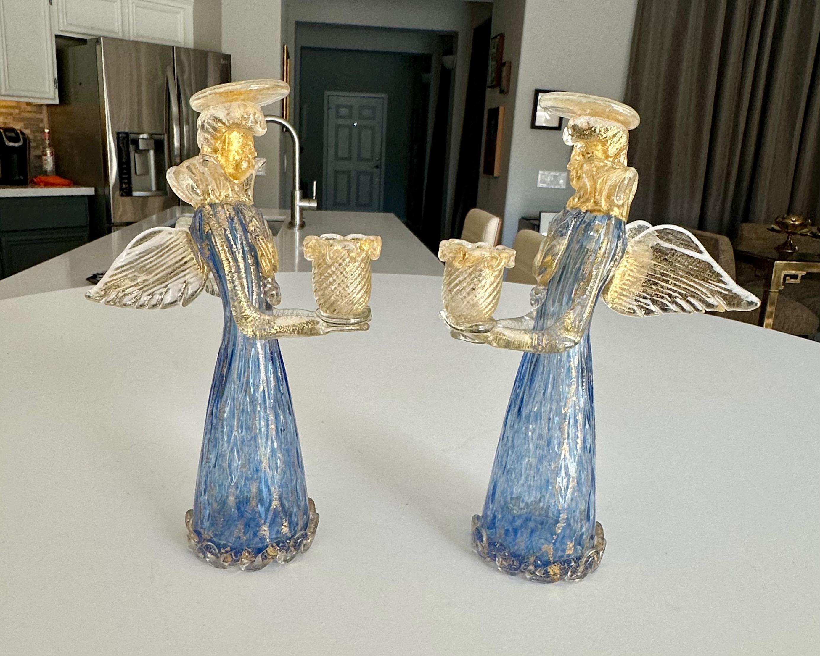 Pair Murano Venetian Blue & Gold Glass Angel Candle holders For Sale 8