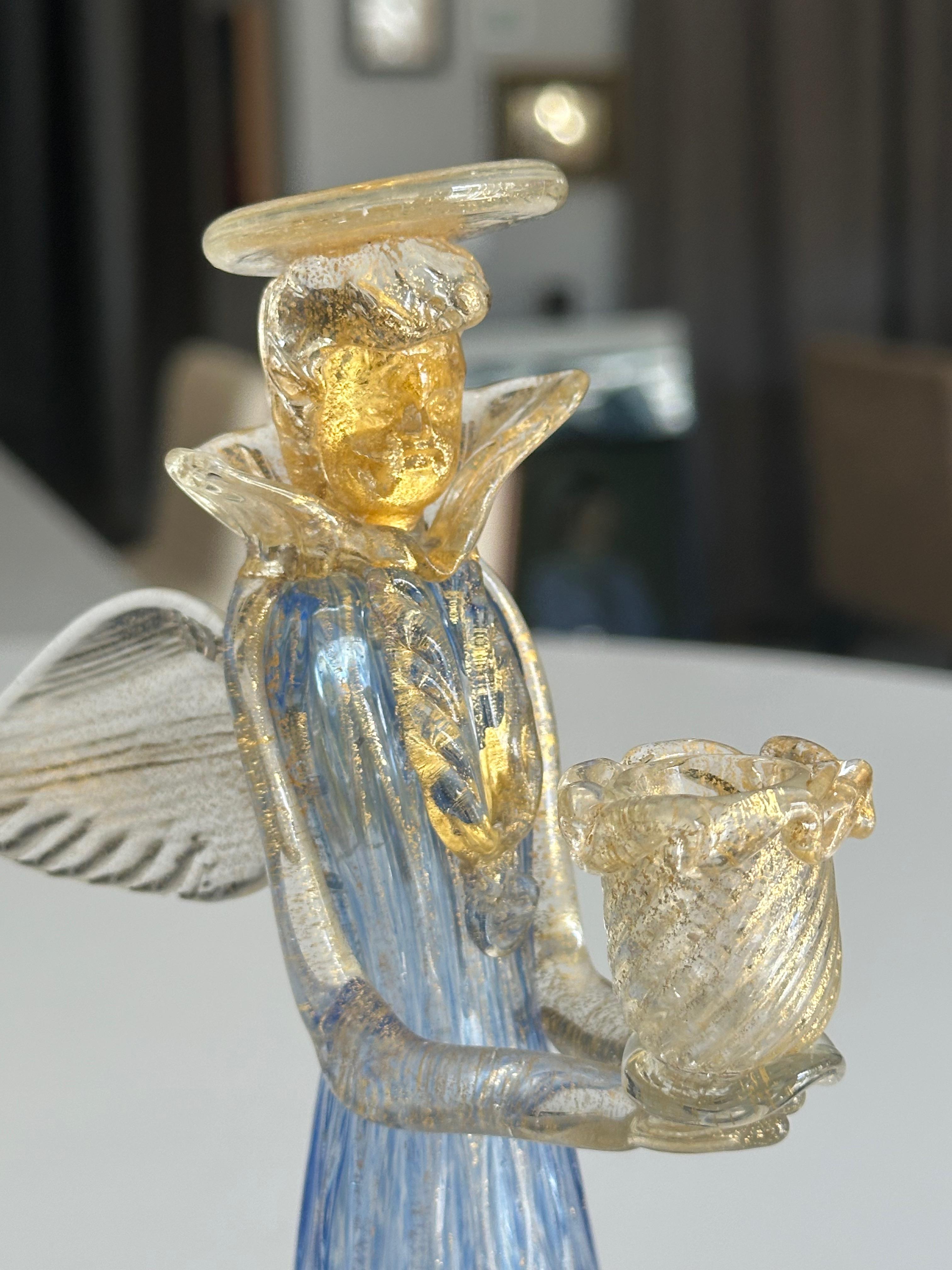 Pair Murano Venetian Blue & Gold Glass Angel Candle holders For Sale 9
